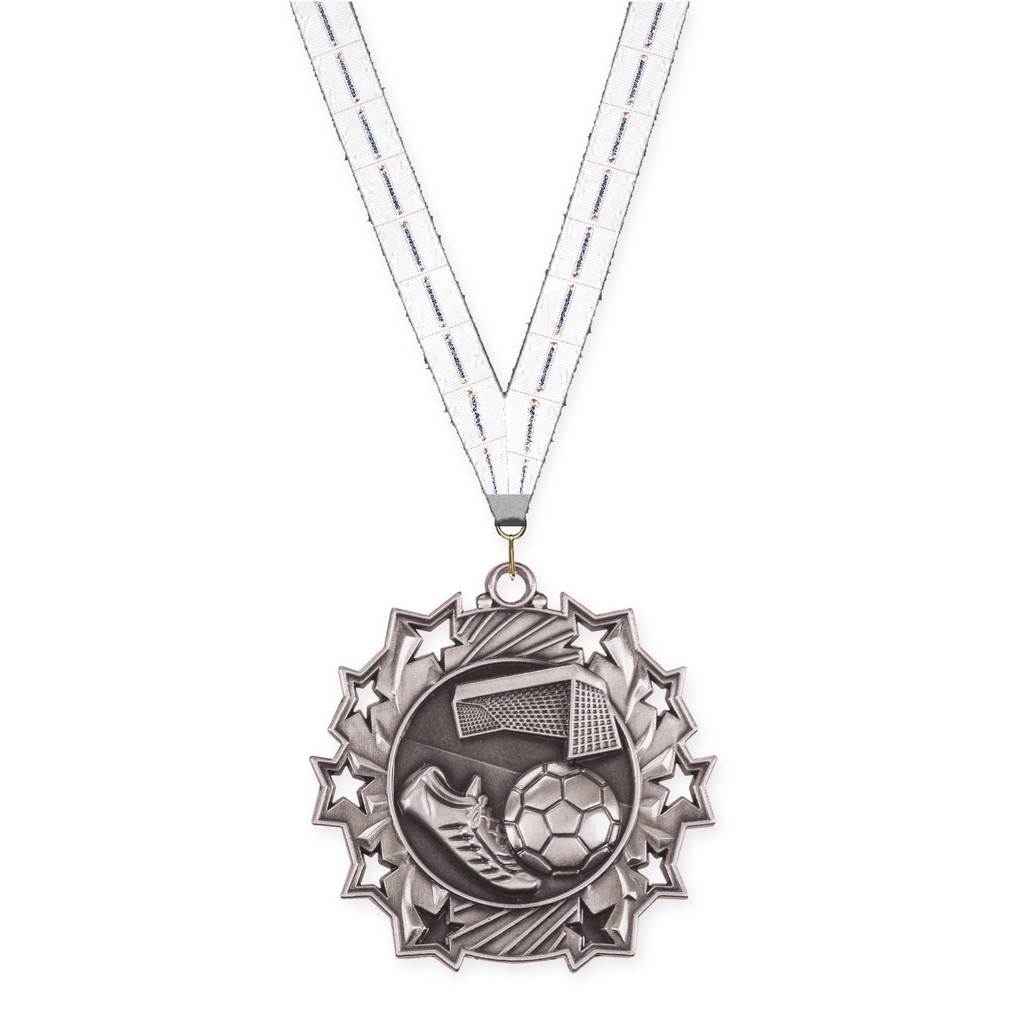 2 1/4 inch soccer Ten Star medal in antique silver with Lamp Of Knowledge neck ribbon