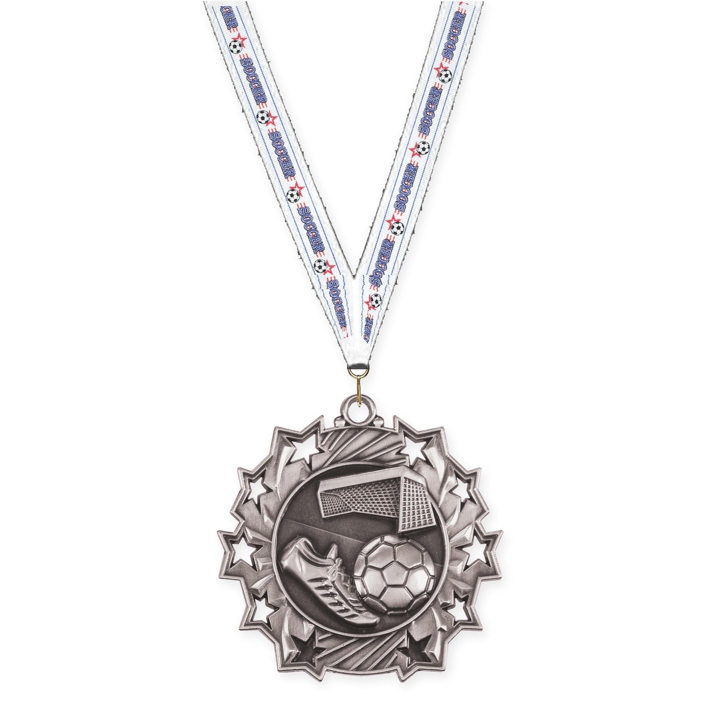 2 1/4 inch soccer Ten Star medal in antique silver with Soccer neck ribbon