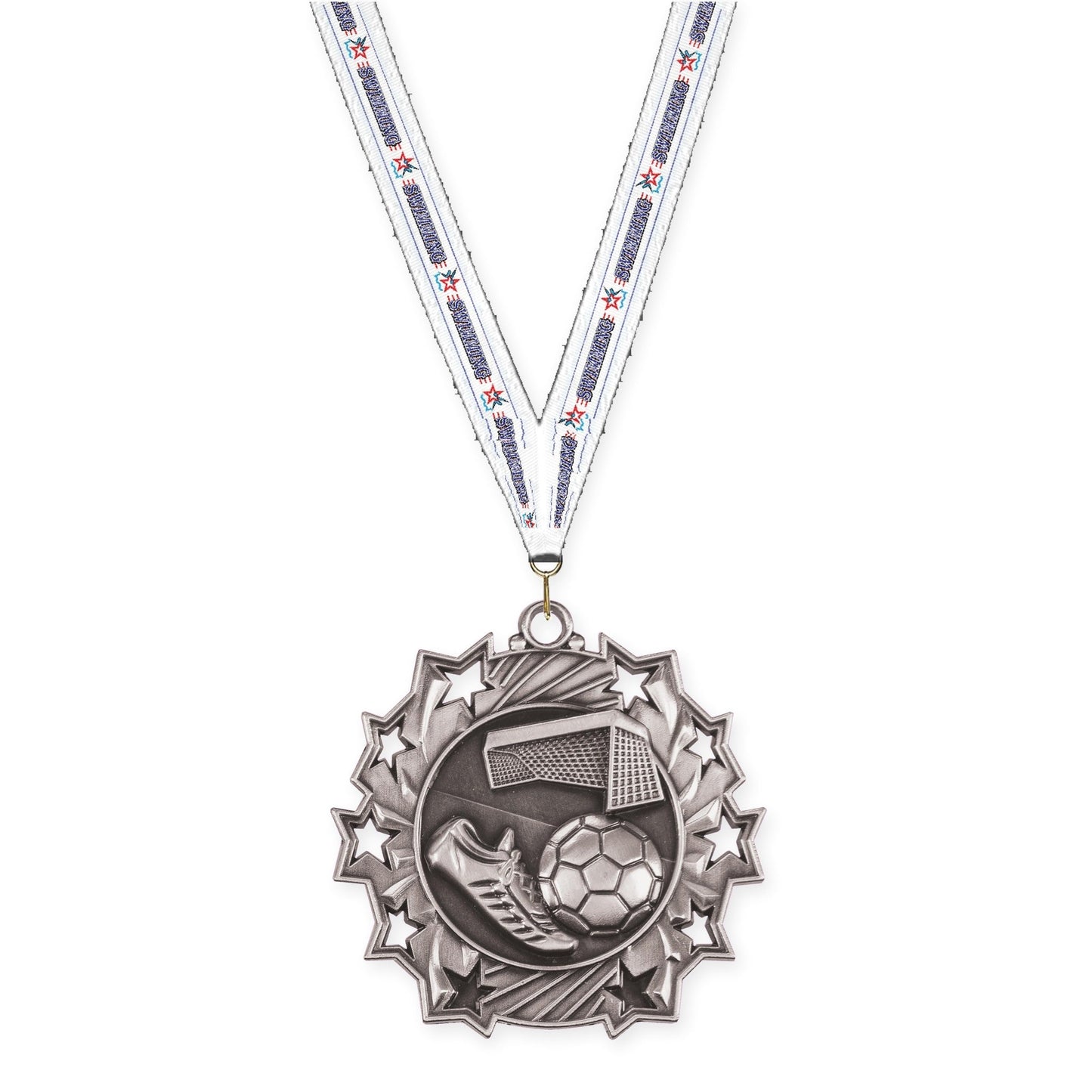 2 1/4 inch soccer Ten Star medal in antique silver with Swimming neck ribbon