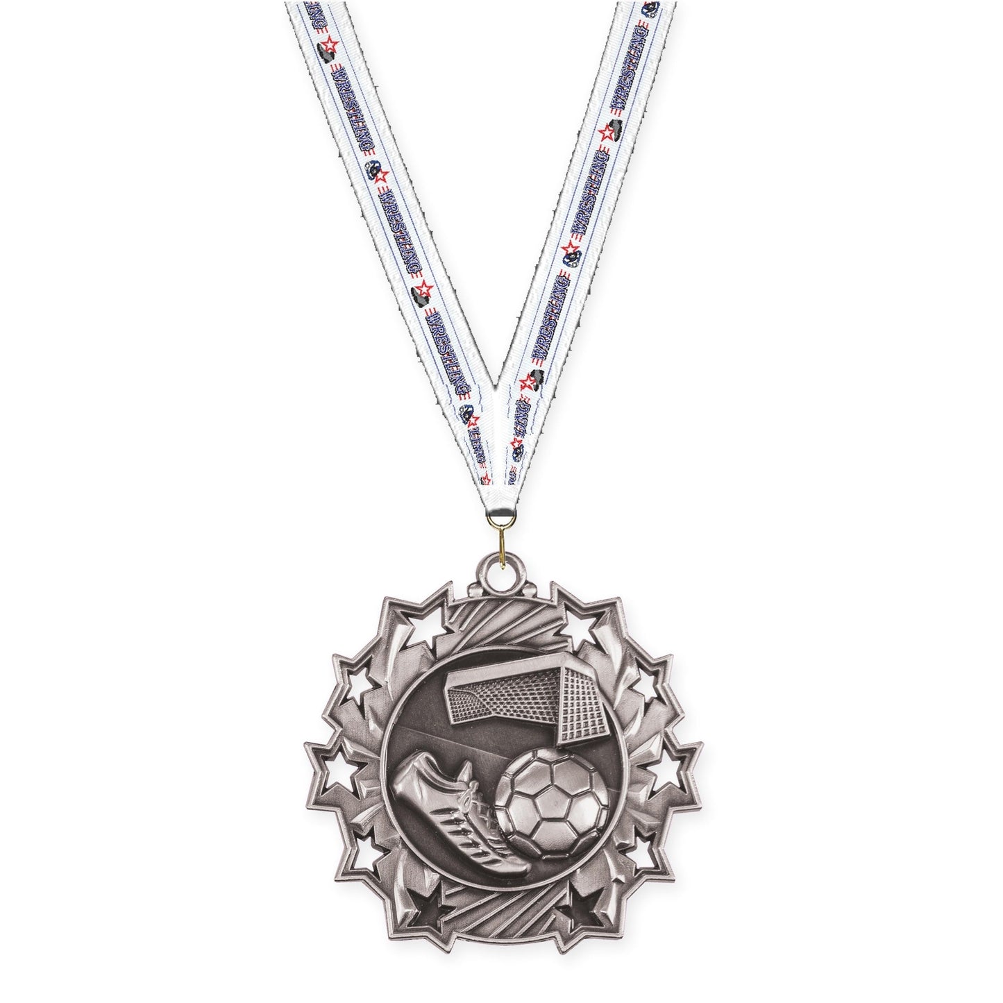 2 1/4 inch soccer Ten Star medal in antique silver with Wrestling neck ribbon