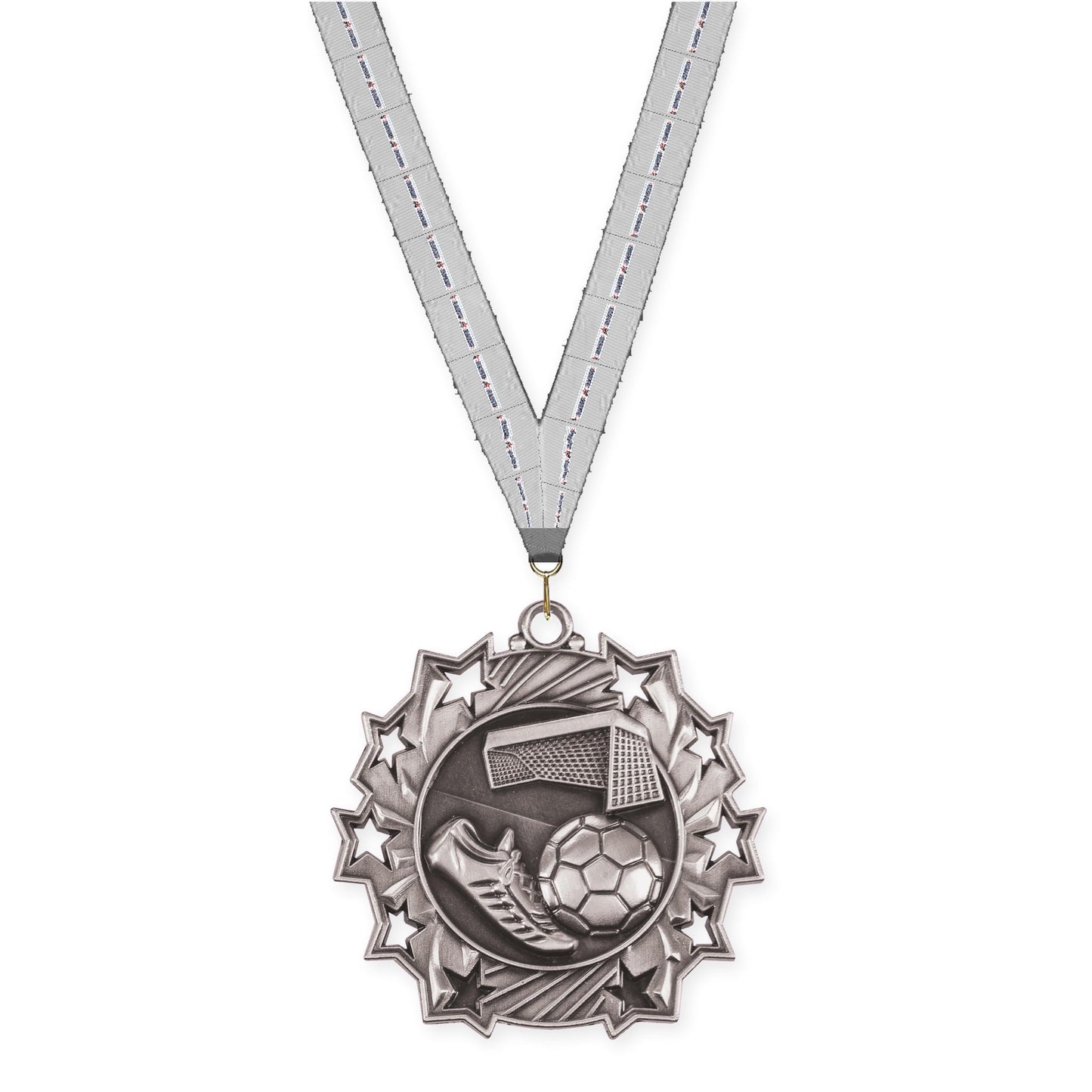 2 1/4 inch soccer Ten Star medal in antique silver with Auto Racing neck ribbon