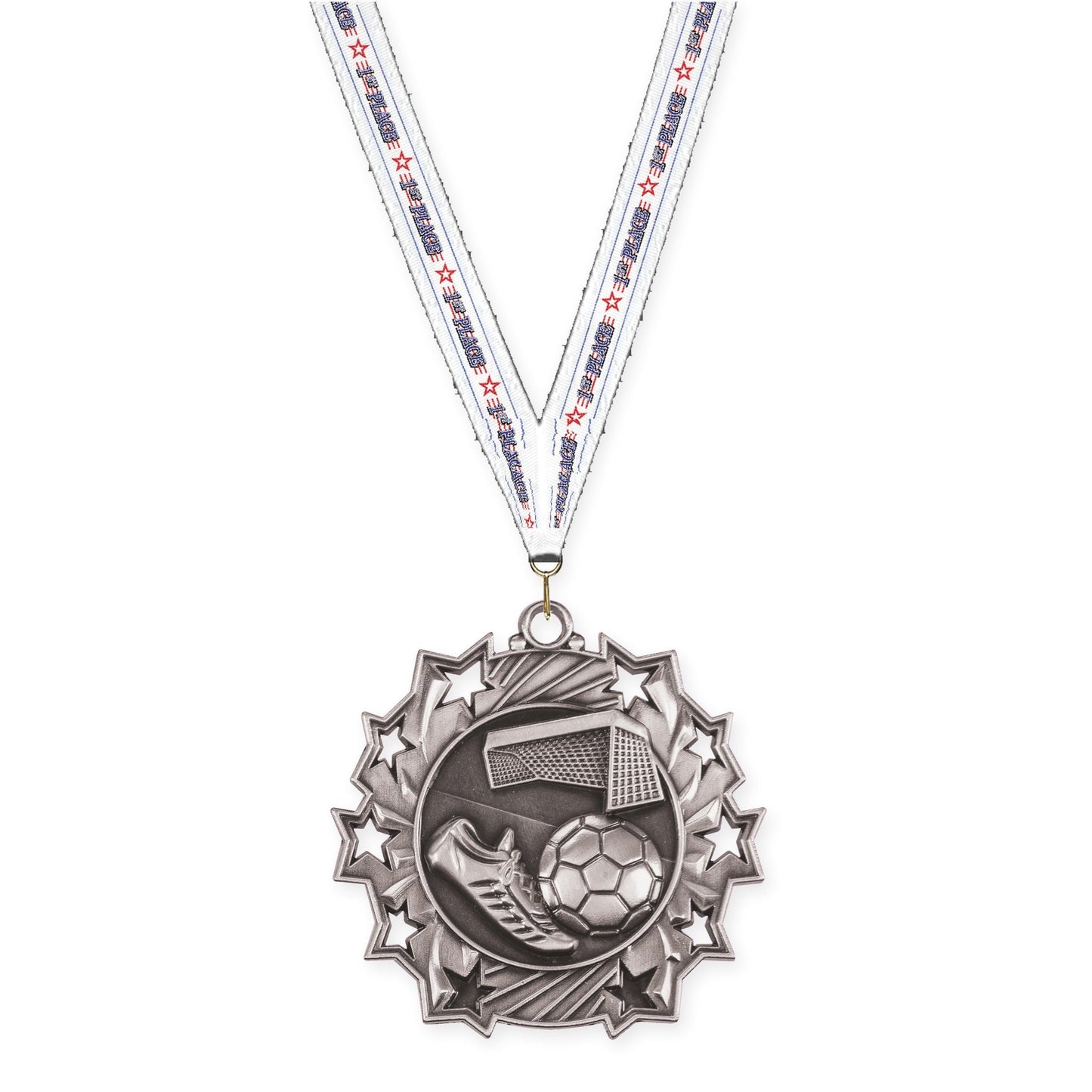2 1/4 inch soccer Ten Star medal in antique silver with 1st Place neck ribbon