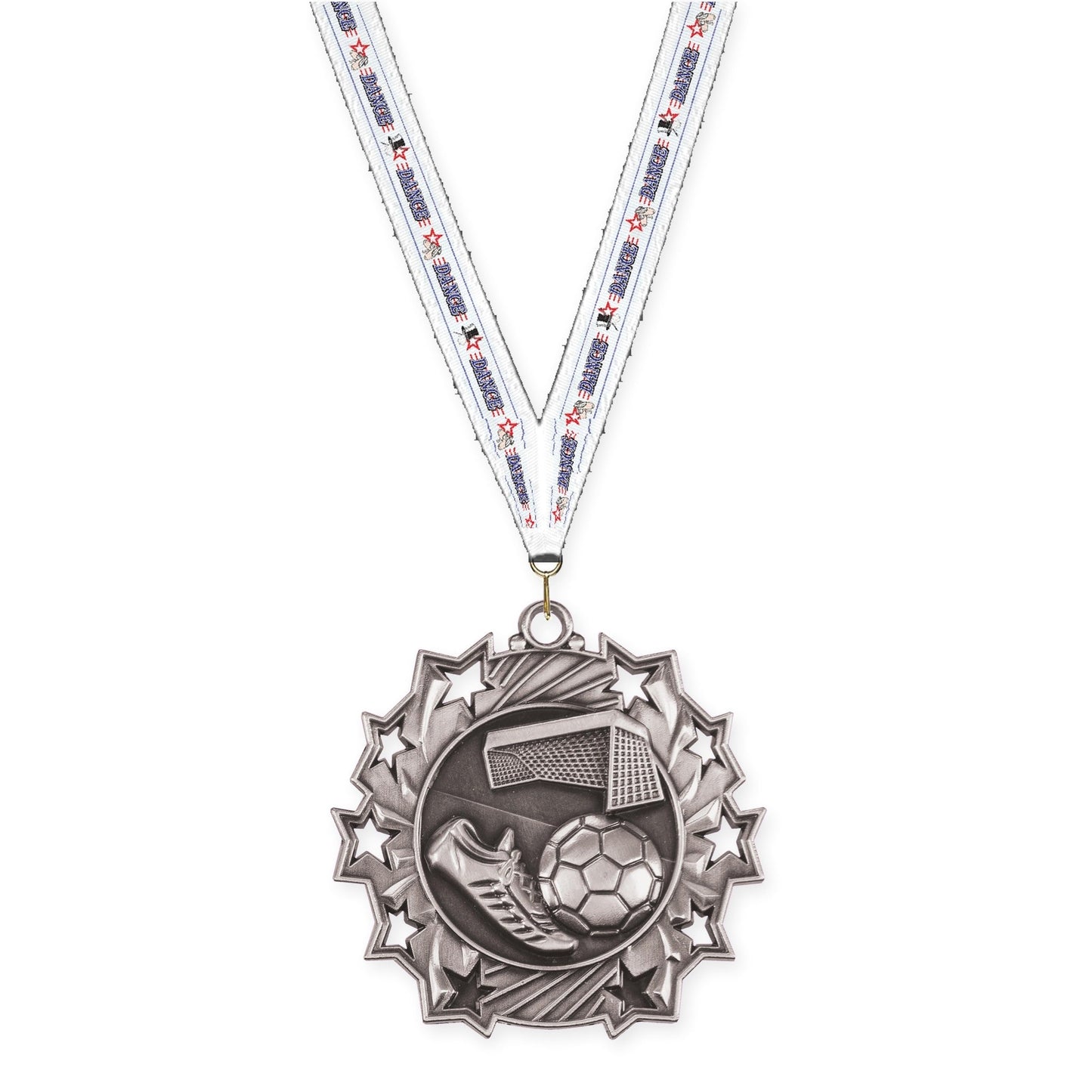 2 1/4 inch soccer Ten Star medal in antique silver with Dance neck ribbon