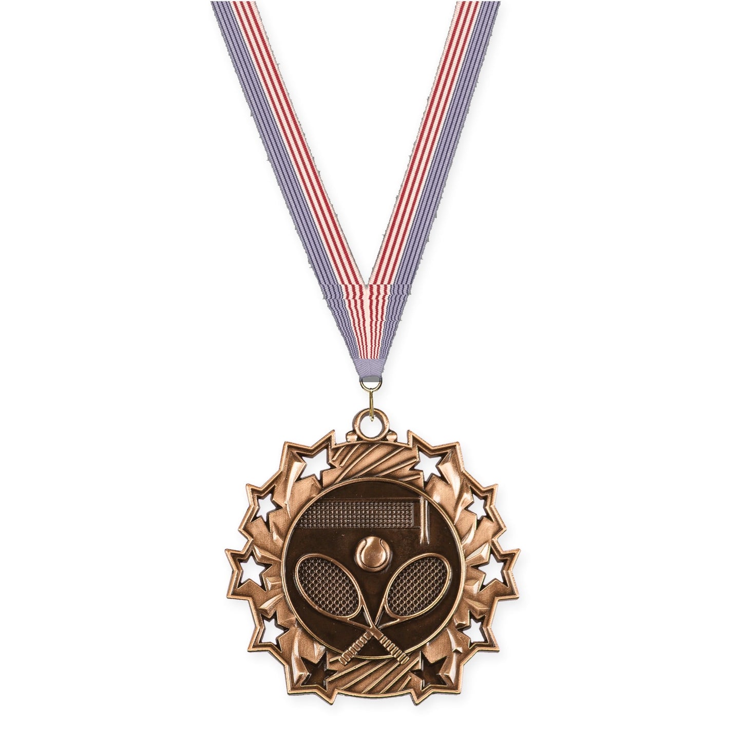 2 1/4 inch tennis Ten Star medal in antique bronze with USA Flag neck ribbon