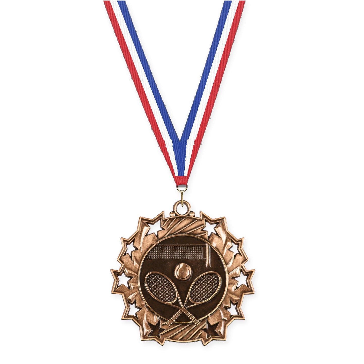 2 1/4 inch tennis Ten Star medal in antique bronze with Red White Blue neck ribbon