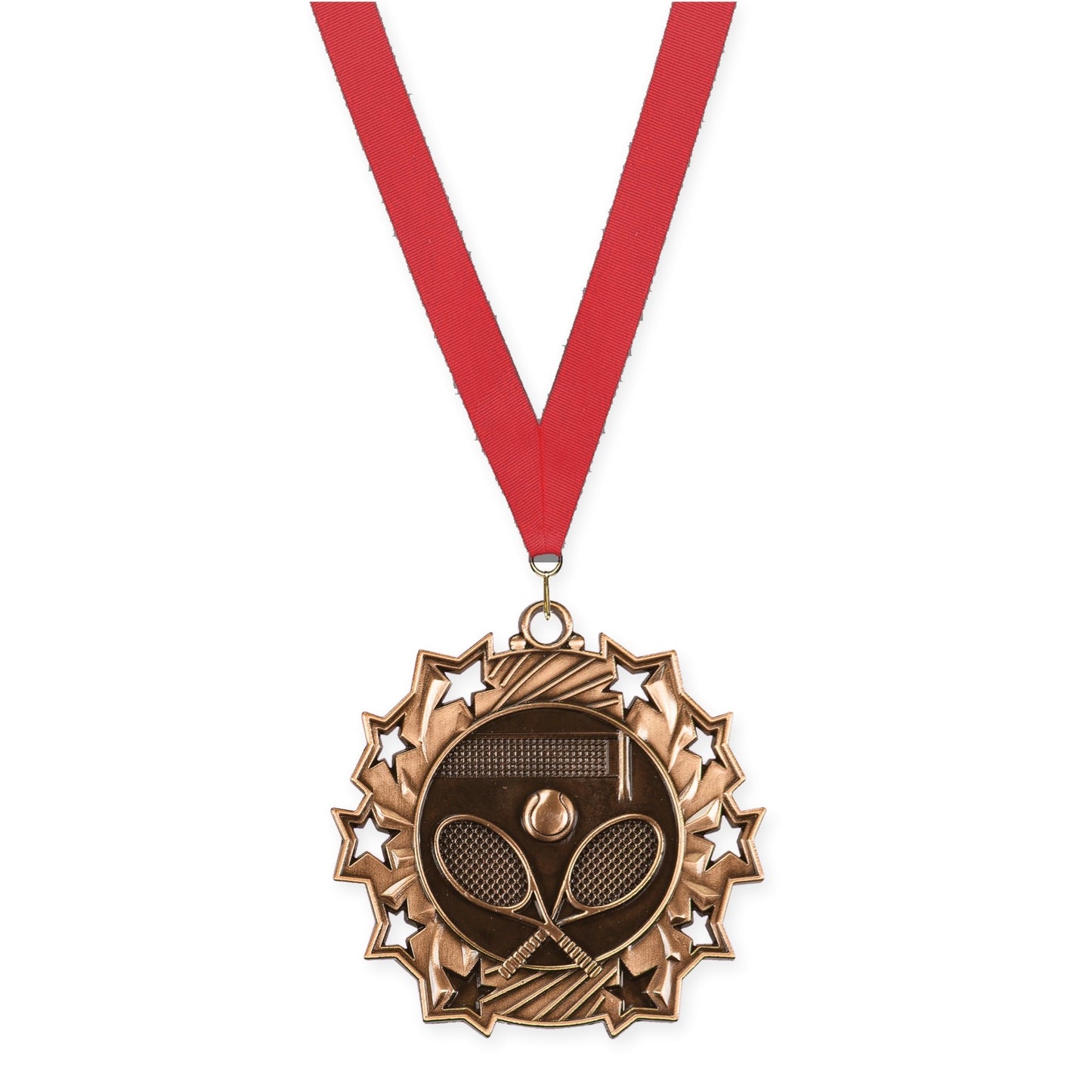 2 1/4 inch tennis Ten Star medal in antique bronze with Red neck ribbon