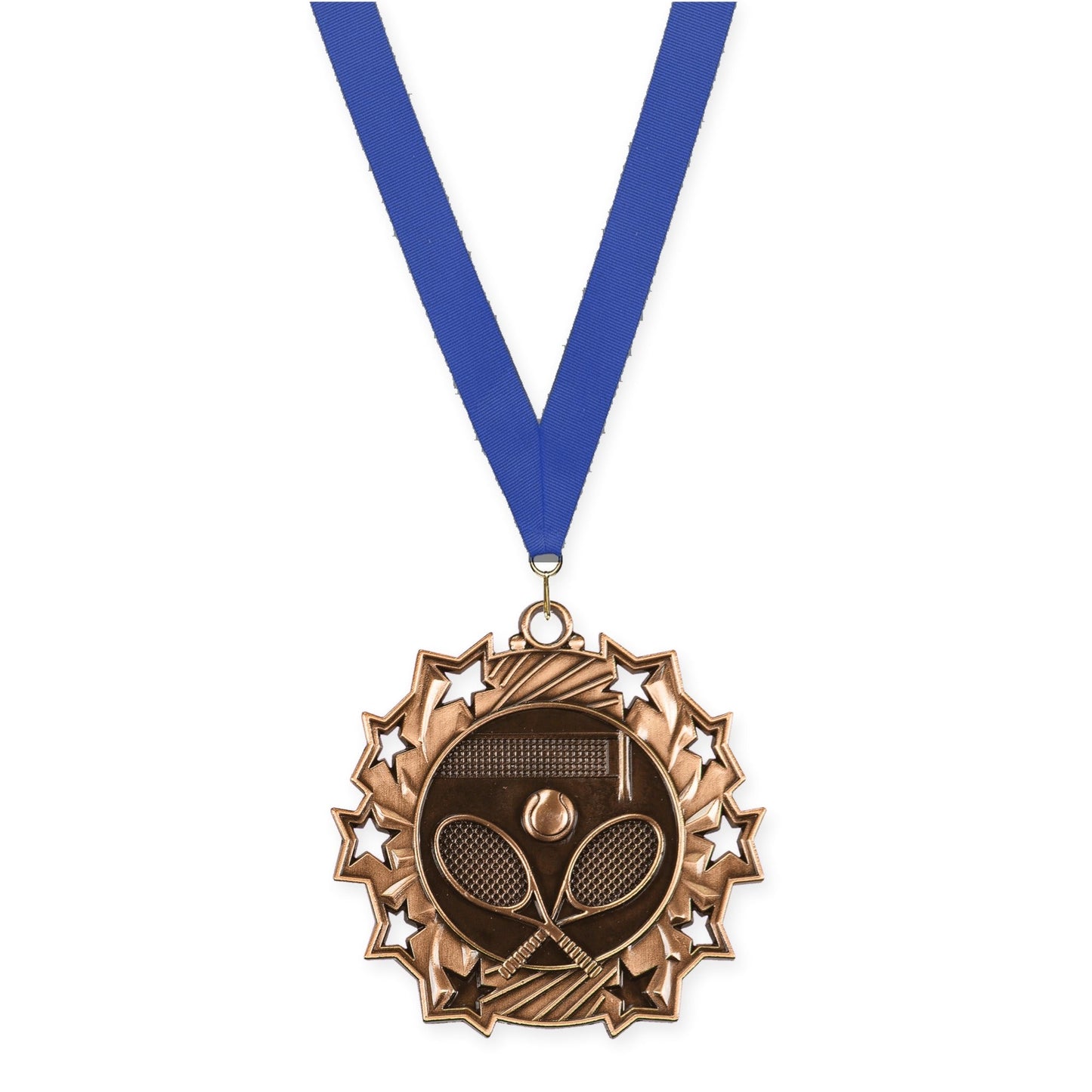 2 1/4 inch tennis Ten Star medal in antique bronze with Blue neck ribbon