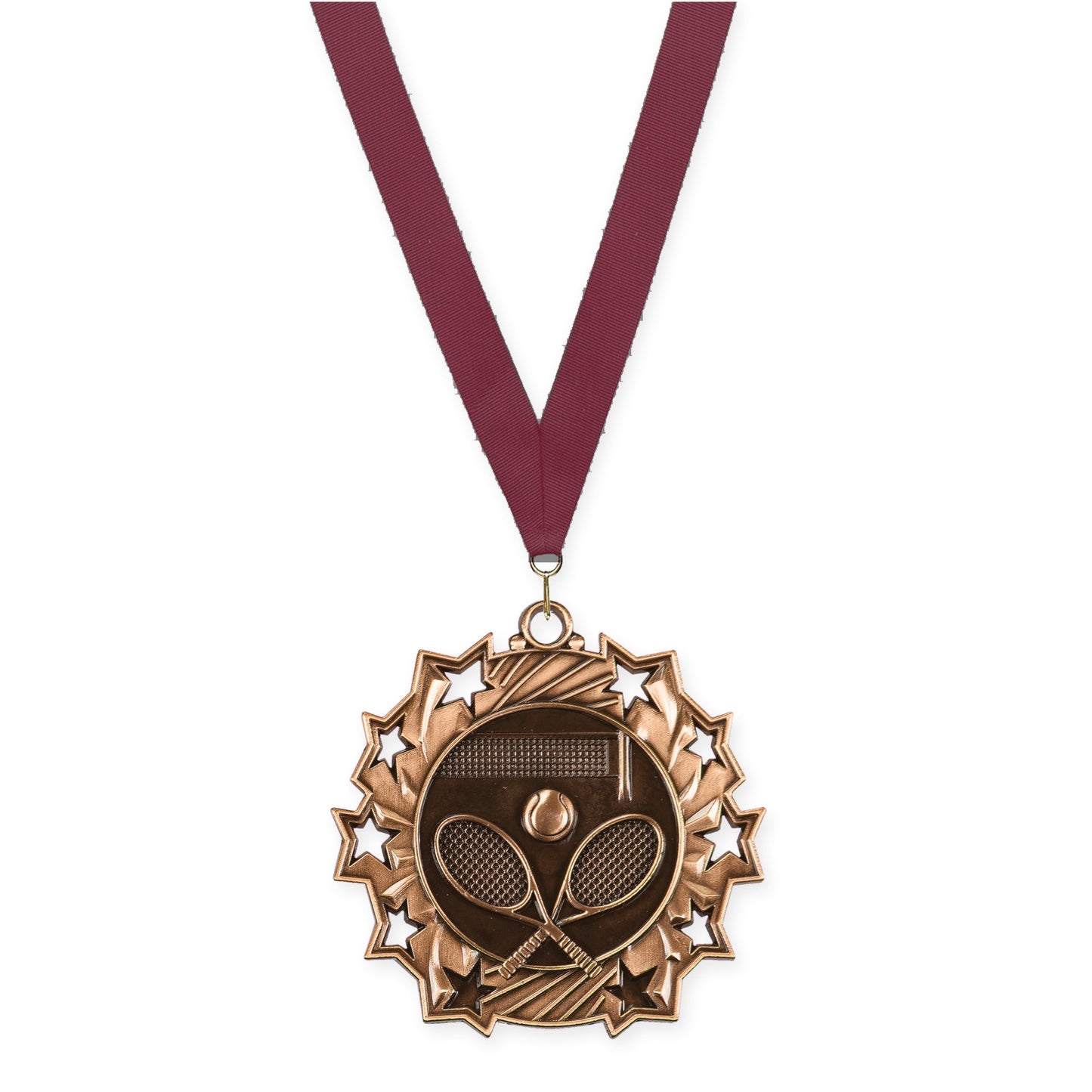 2 1/4 inch tennis Ten Star medal in antique bronze with Maroon neck ribbon