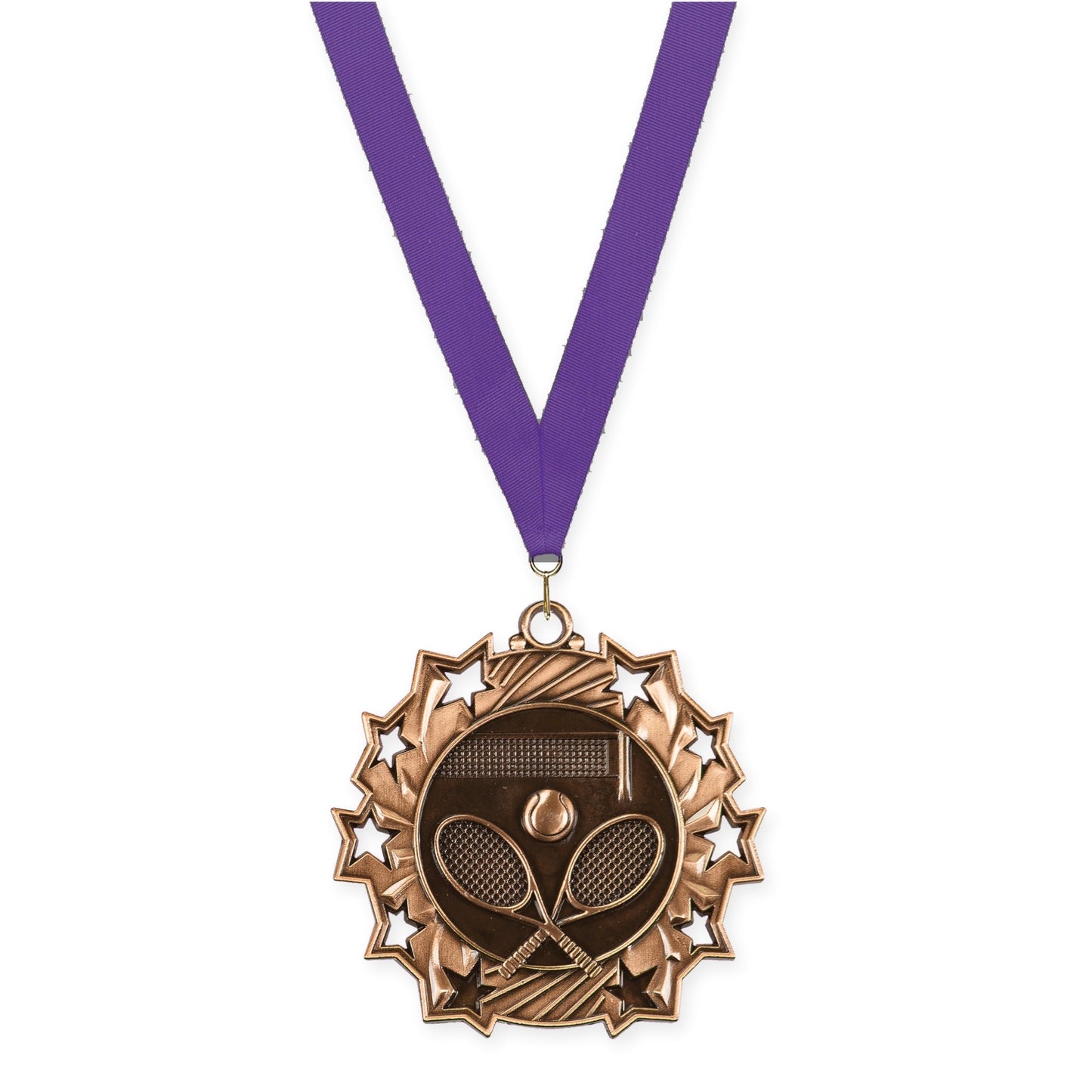 2 1/4 inch tennis Ten Star medal in antique bronze with Purple neck ribbon