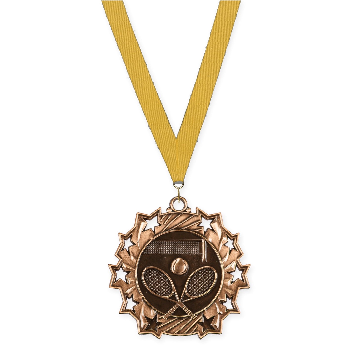 2 1/4 inch tennis Ten Star medal in antique bronze with Gold neck ribbon