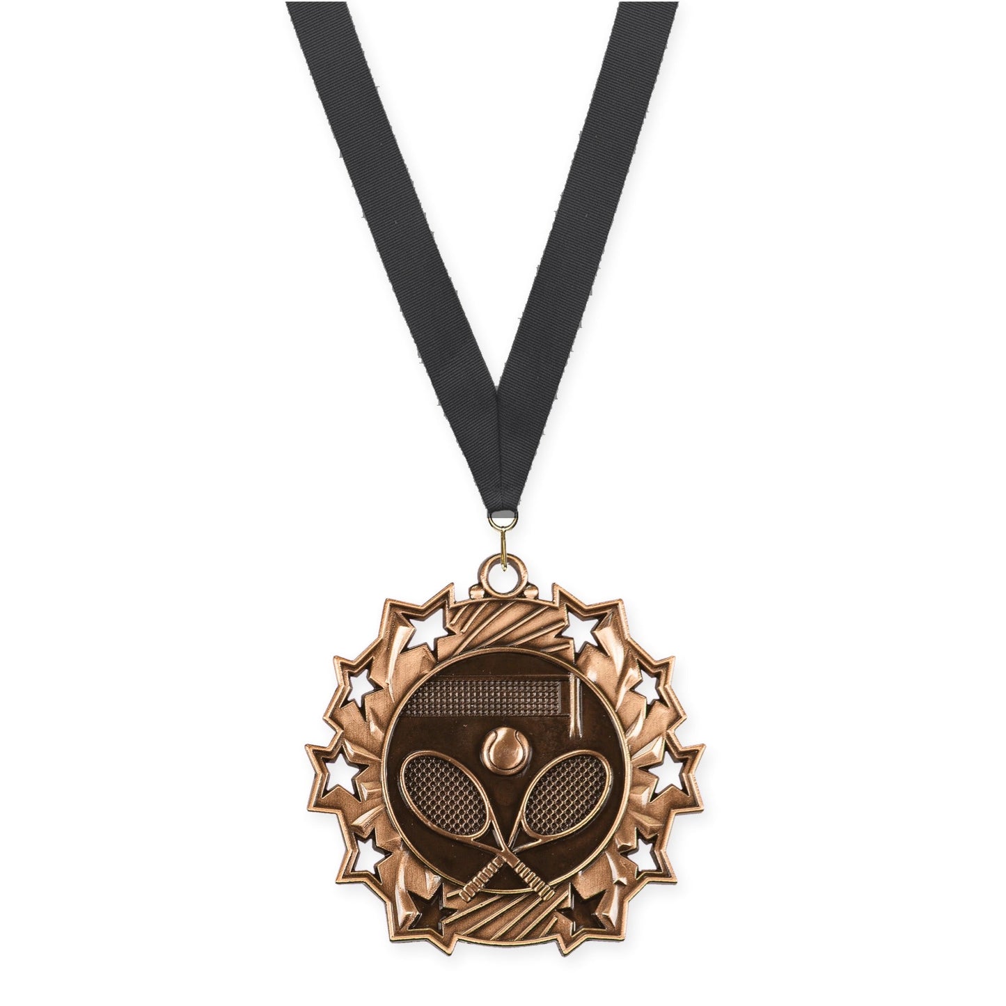 2 1/4 inch tennis Ten Star medal in antique bronze with Black neck ribbon