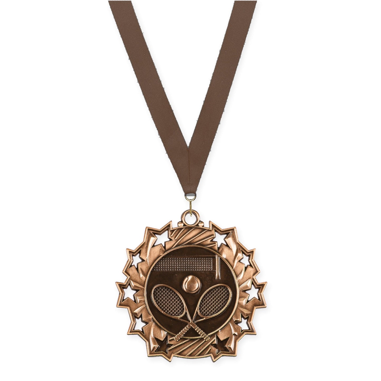 2 1/4 inch tennis Ten Star medal in antique bronze with Brown neck ribbon