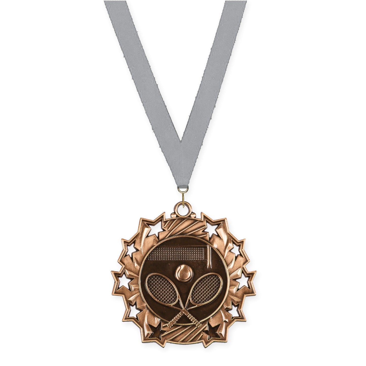 2 1/4 inch tennis Ten Star medal in antique bronze with Gray neck ribbon