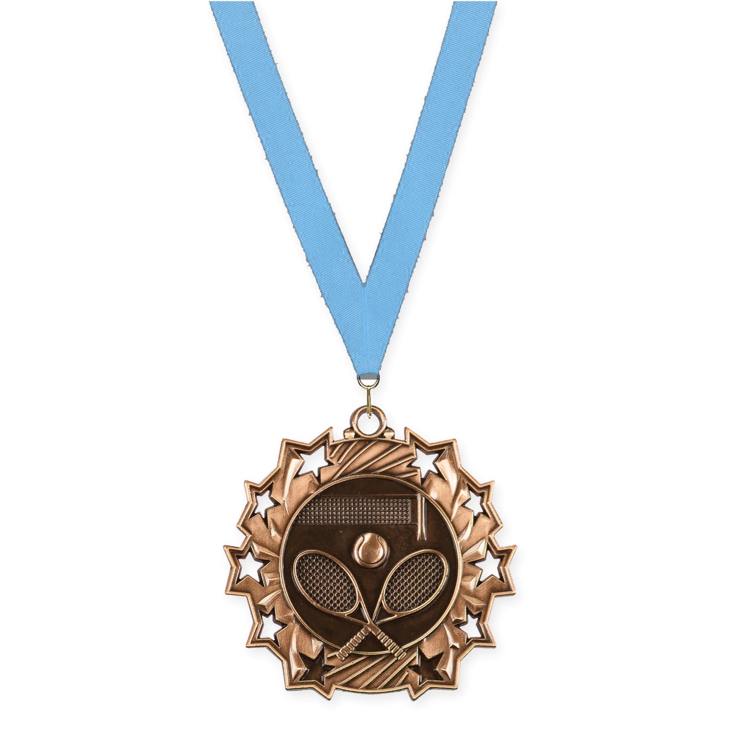 2 1/4 inch tennis Ten Star medal in antique bronze with Light Blue neck ribbon