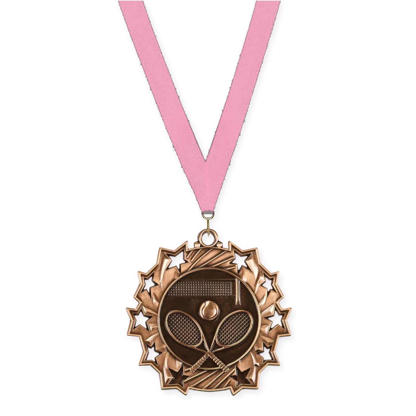 2 1/4 inch tennis Ten Star medal in antique bronze with Pink neck ribbon