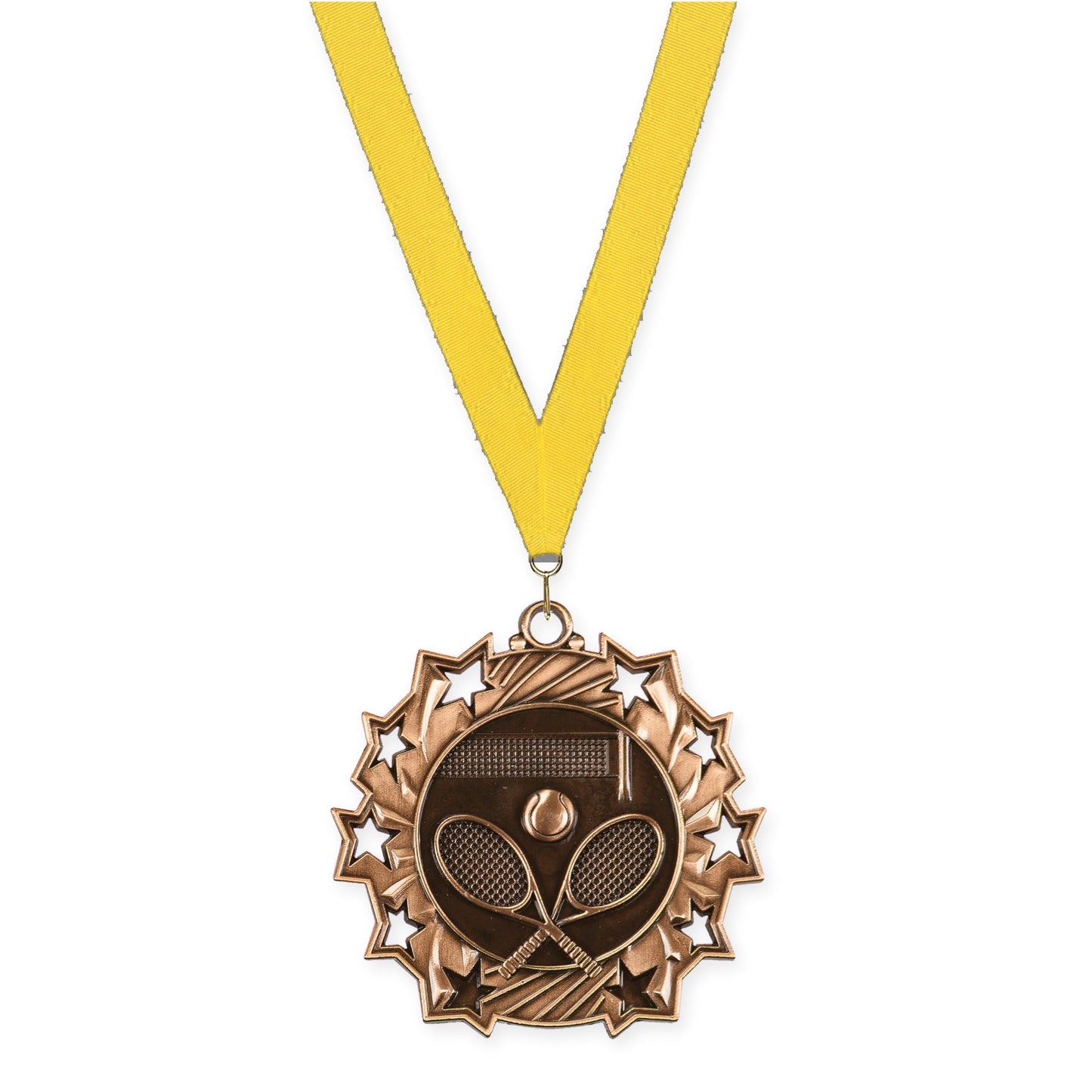 2 1/4 inch tennis Ten Star medal in antique bronze with Yellow neck ribbon