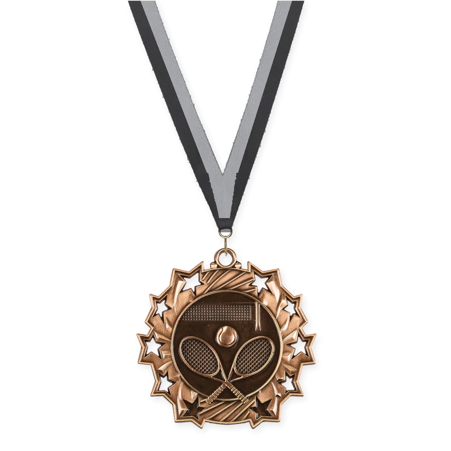 2 1/4 inch tennis Ten Star medal in antique bronze with Black Gray neck ribbon
