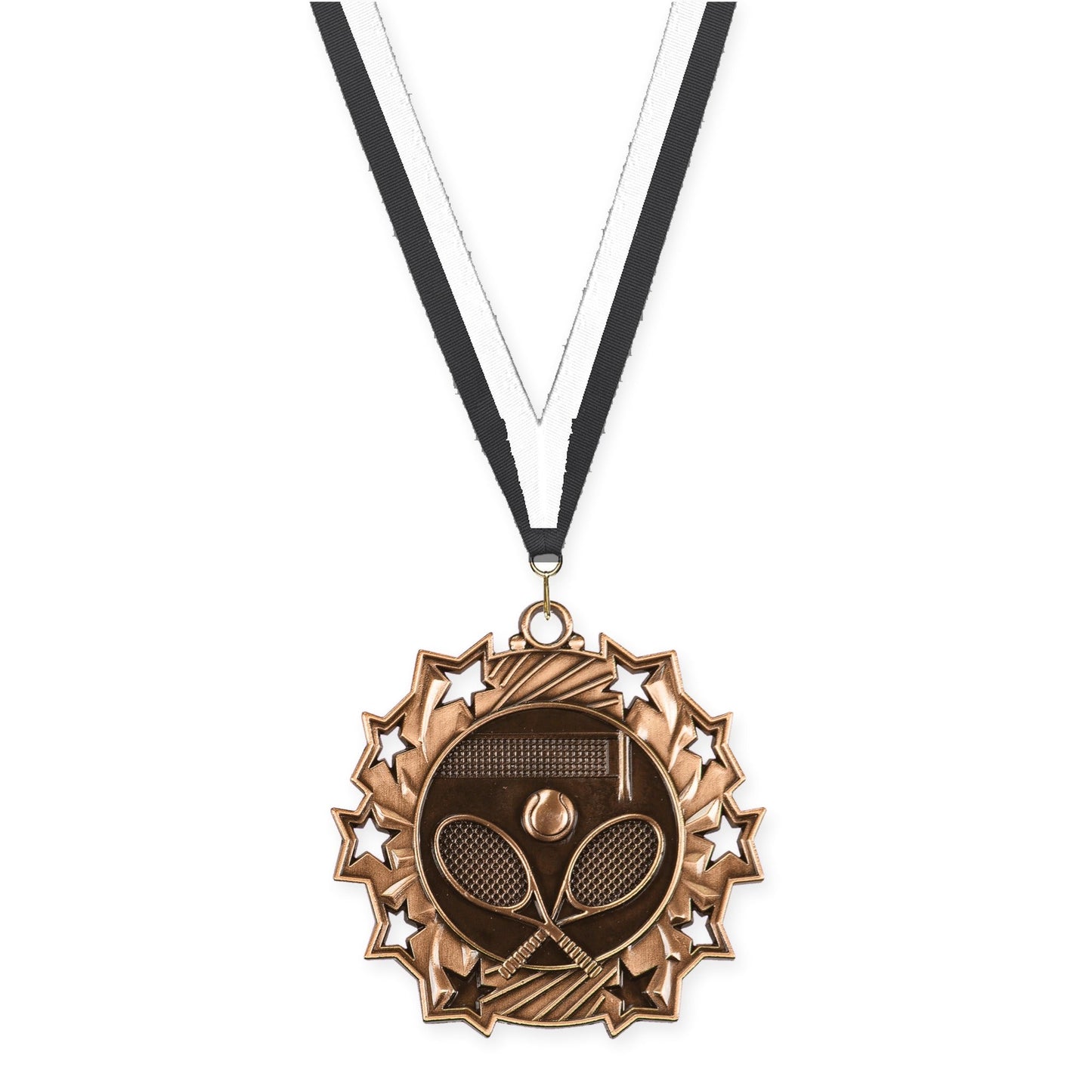 2 1/4 inch tennis Ten Star medal in antique bronze with Black White neck ribbon