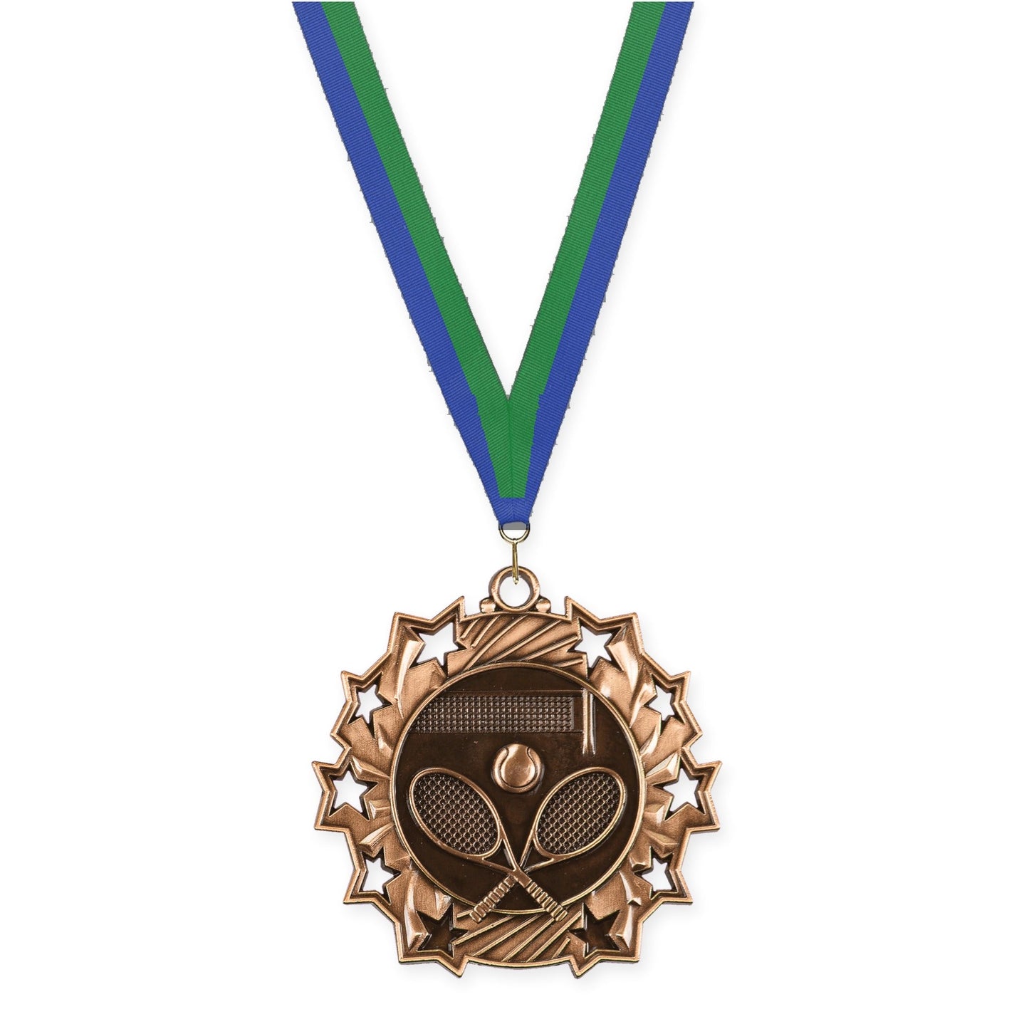 2 1/4 inch tennis Ten Star medal in antique bronze with Blue Green neck ribbon