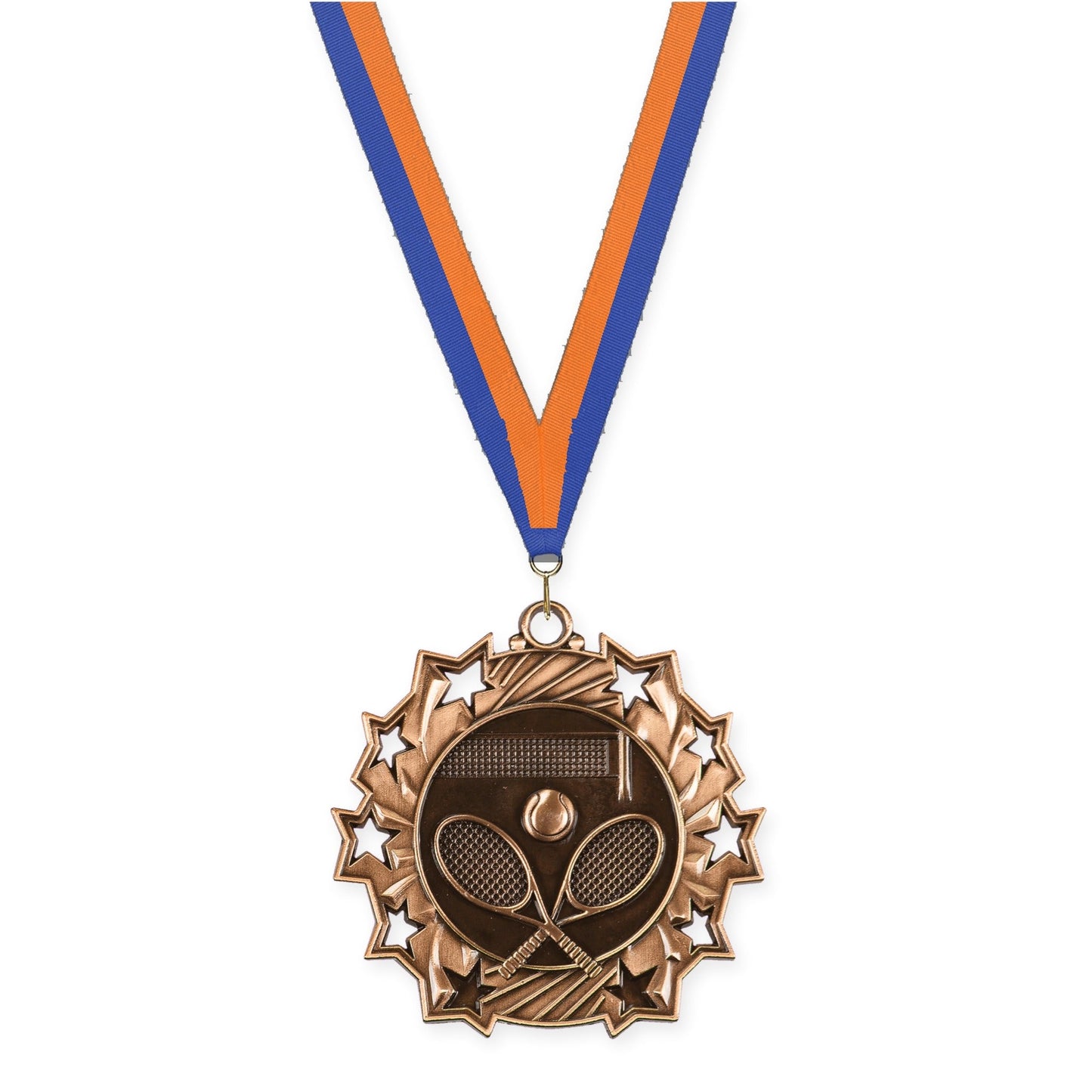 2 1/4 inch tennis Ten Star medal in antique bronze with Blue Orange neck ribbon