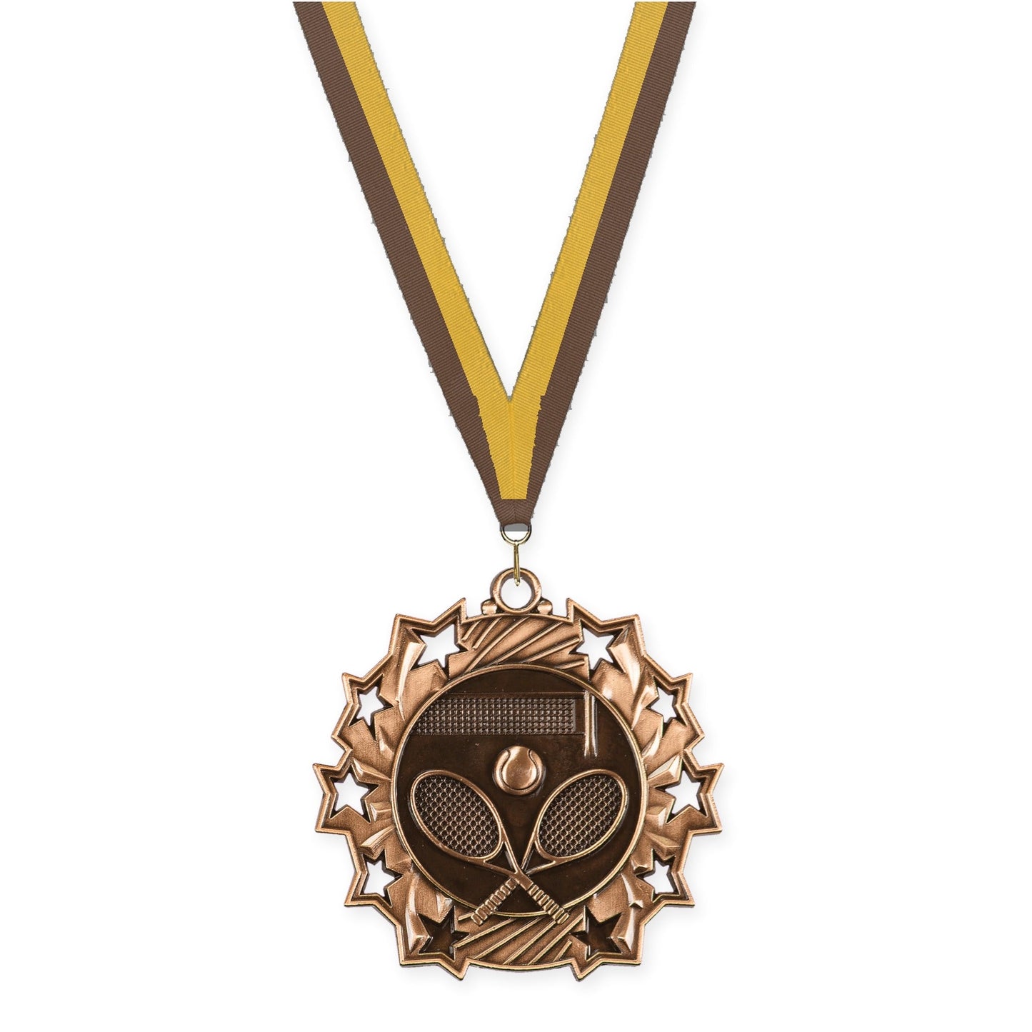 2 1/4 inch tennis Ten Star medal in antique bronze with Brown Gold neck ribbon