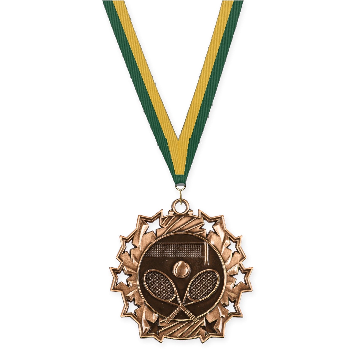 2 1/4 inch tennis Ten Star medal in antique bronze with Hunter Green Gold neck ribbon