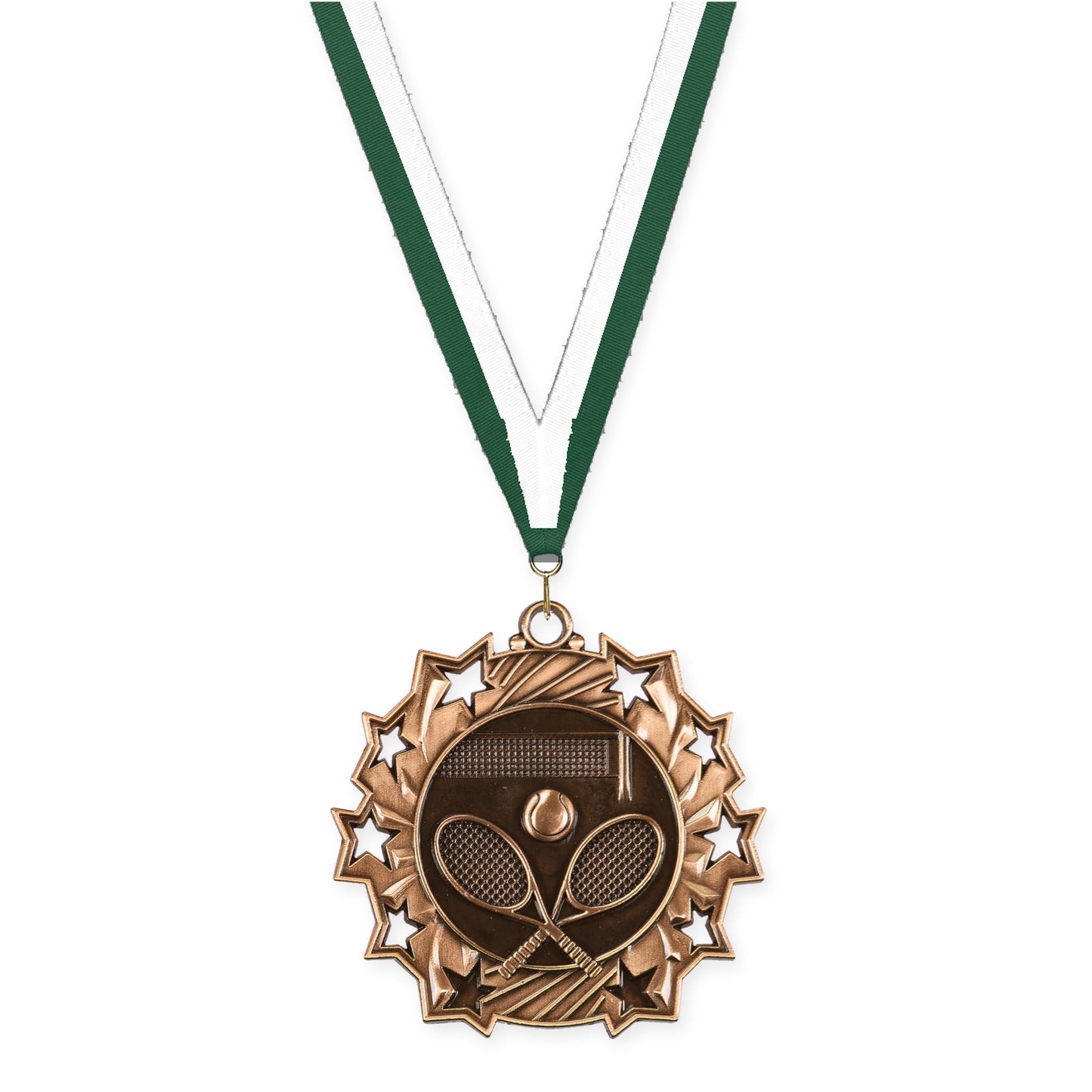 2 1/4 inch tennis Ten Star medal in antique bronze with Hunter Green White neck ribbon