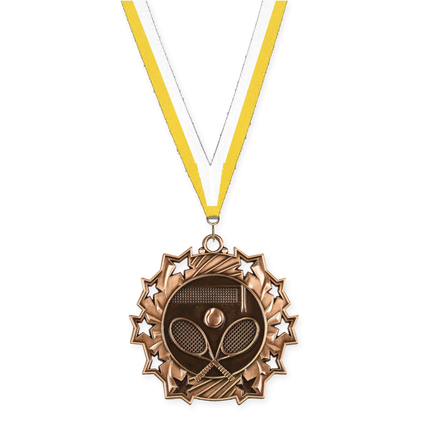 2 1/4 inch tennis Ten Star medal in antique bronze with Yellow White neck ribbon