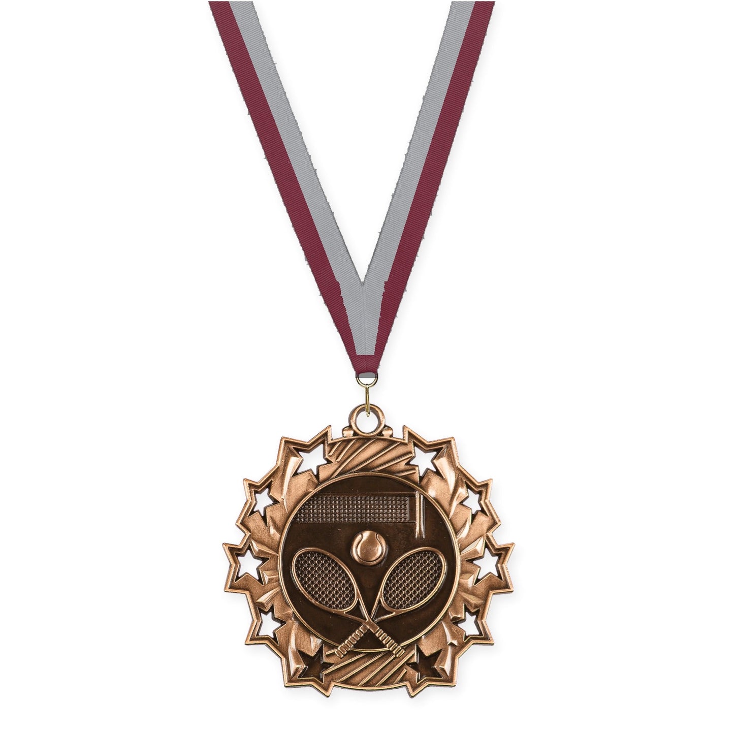 2 1/4 inch tennis Ten Star medal in antique bronze with Maroon Gray neck ribbon