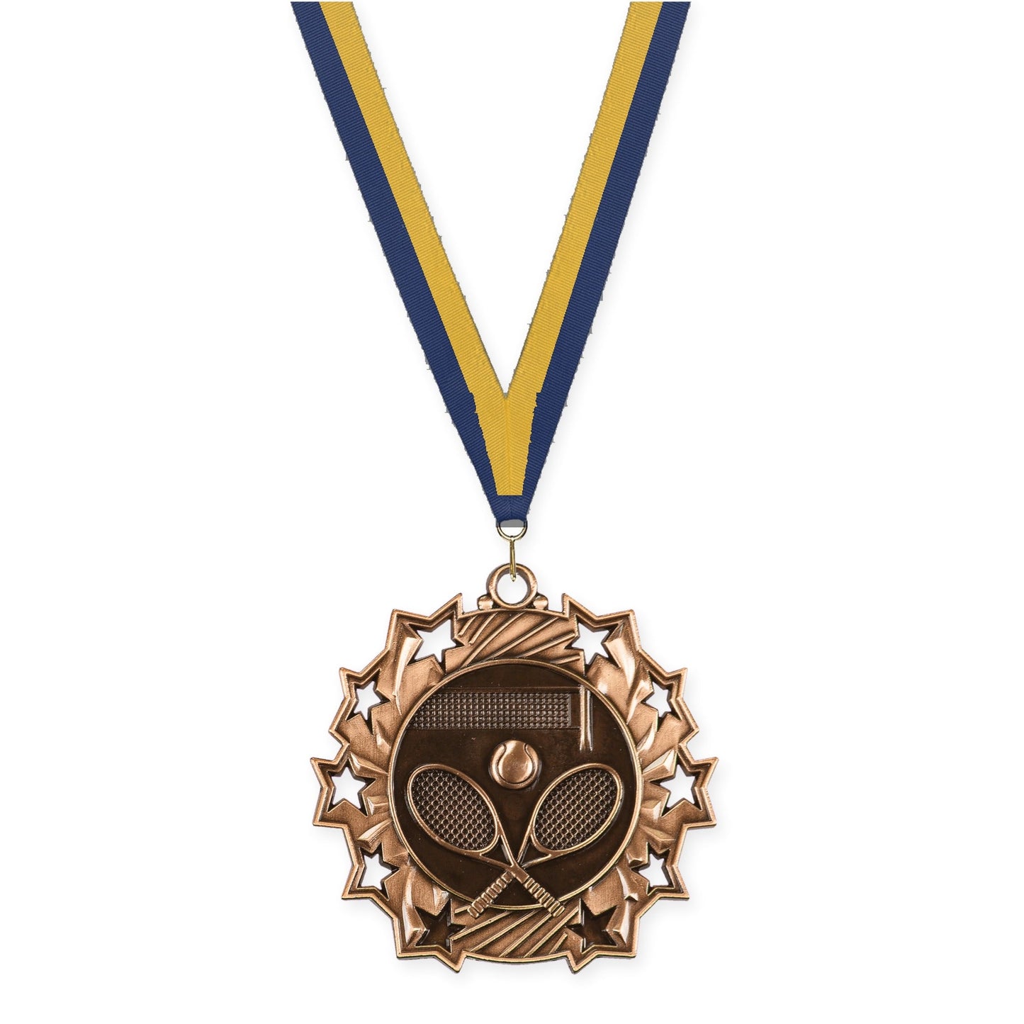 2 1/4 inch tennis Ten Star medal in antique bronze with Navy Gold neck ribbon