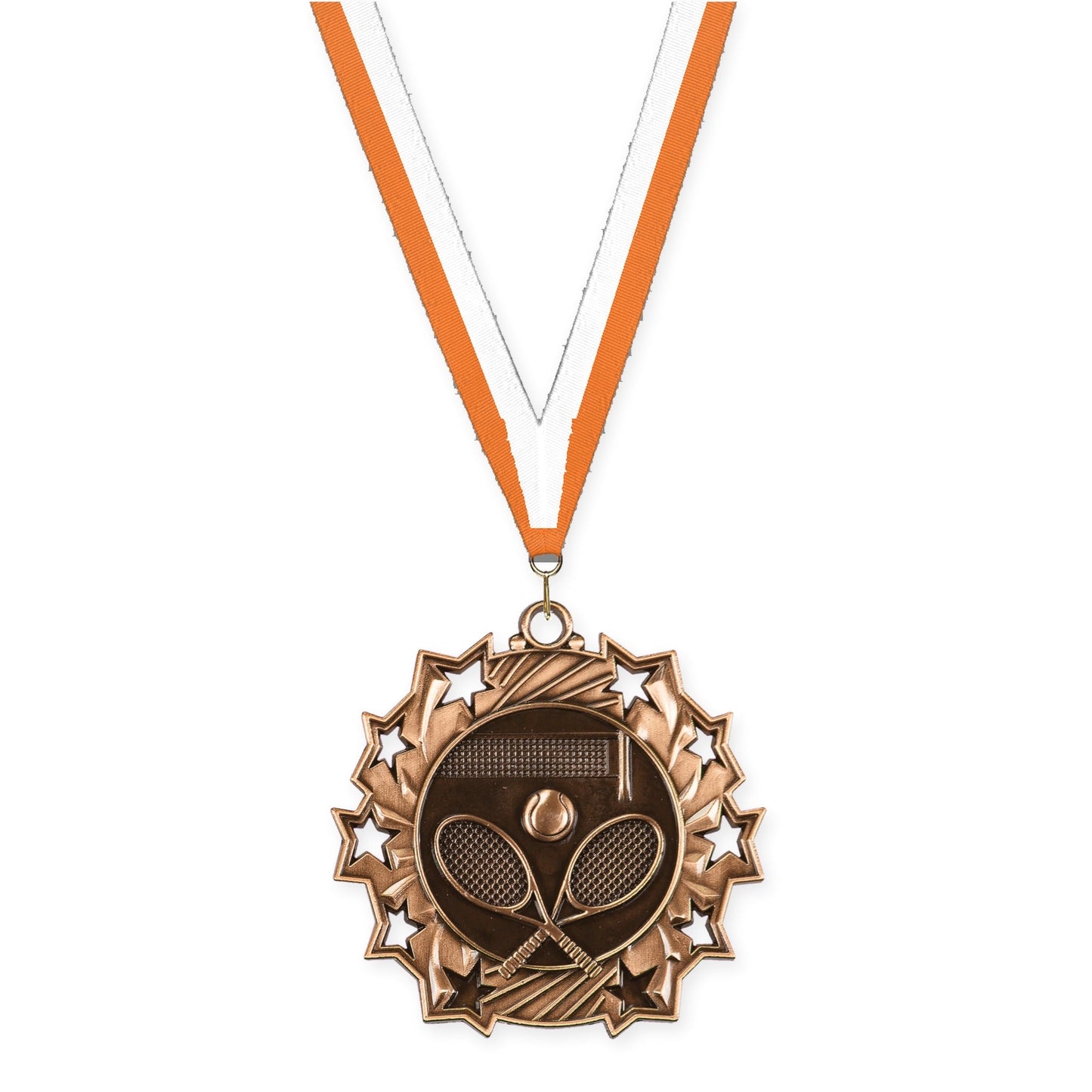 2 1/4 inch tennis Ten Star medal in antique bronze with Orange White neck ribbon