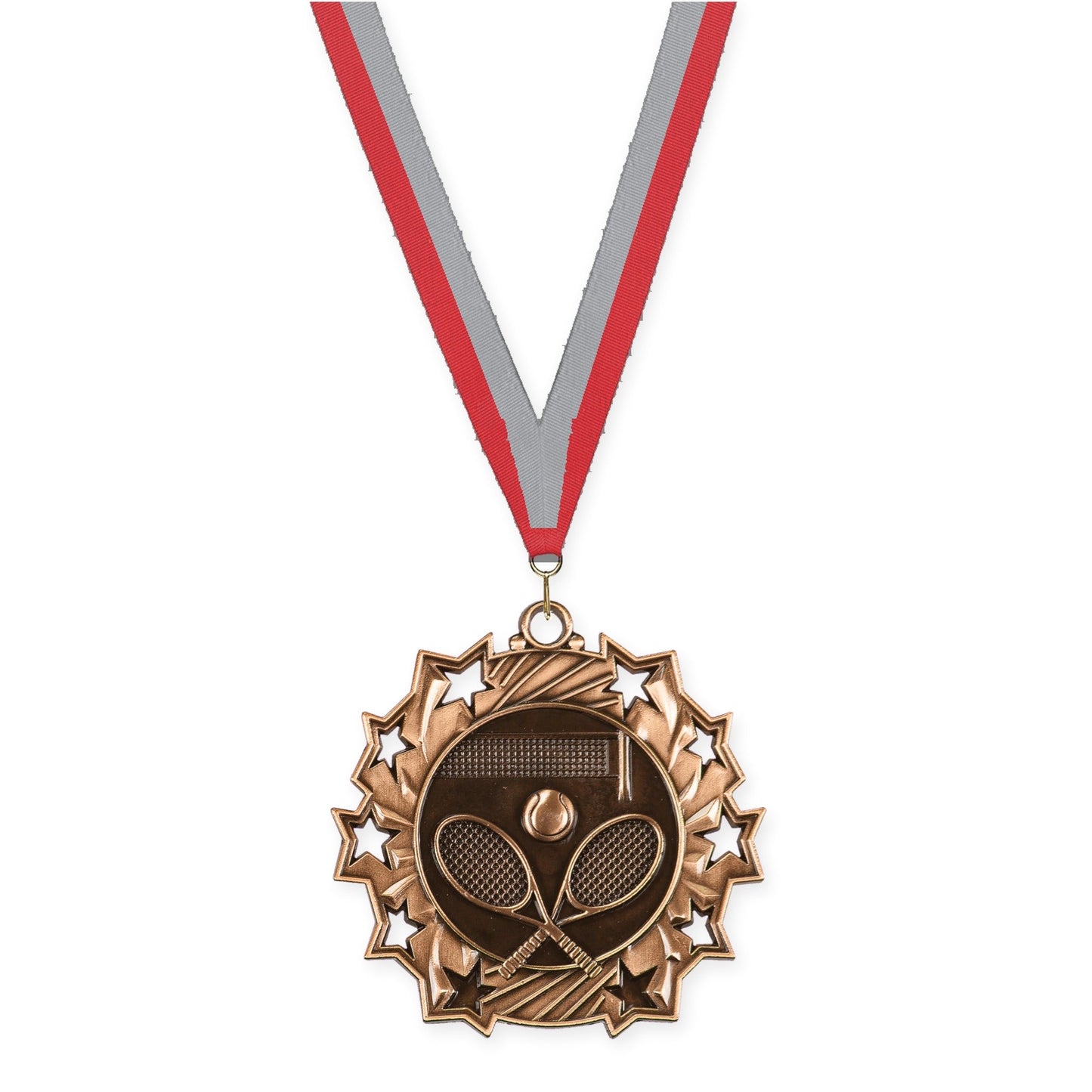 2 1/4 inch tennis Ten Star medal in antique bronze with Red Gray neck ribbon