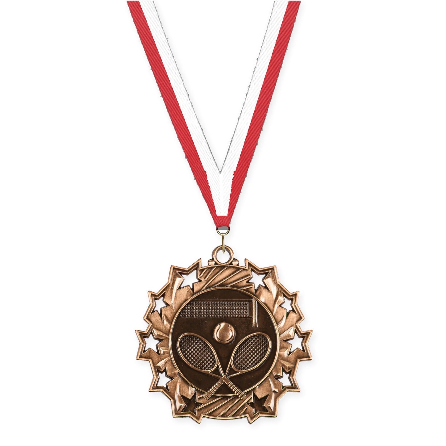 2 1/4 inch tennis Ten Star medal in antique bronze with Red White neck ribbon