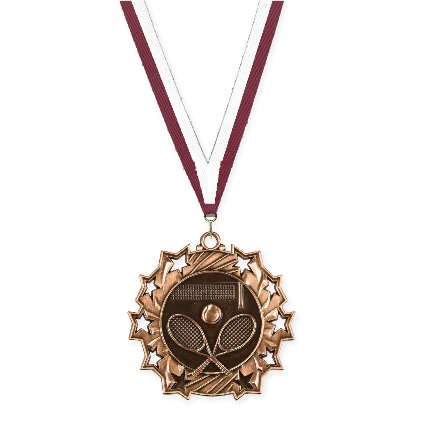 2 1/4 inch tennis Ten Star medal in antique bronze with Maroon White neck ribbon