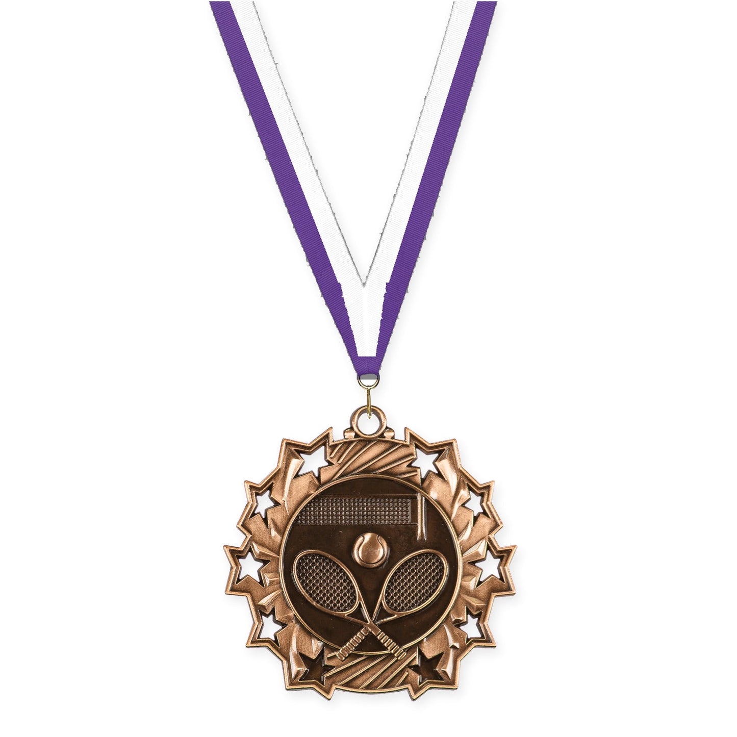 2 1/4 inch tennis Ten Star medal in antique bronze with Purple White neck ribbon