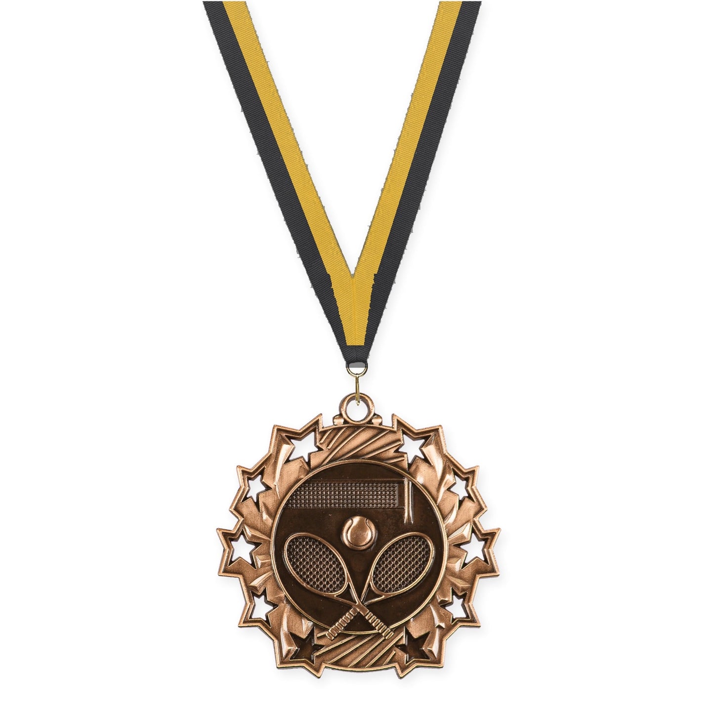 2 1/4 inch tennis Ten Star medal in antique bronze with Black Gold neck ribbon