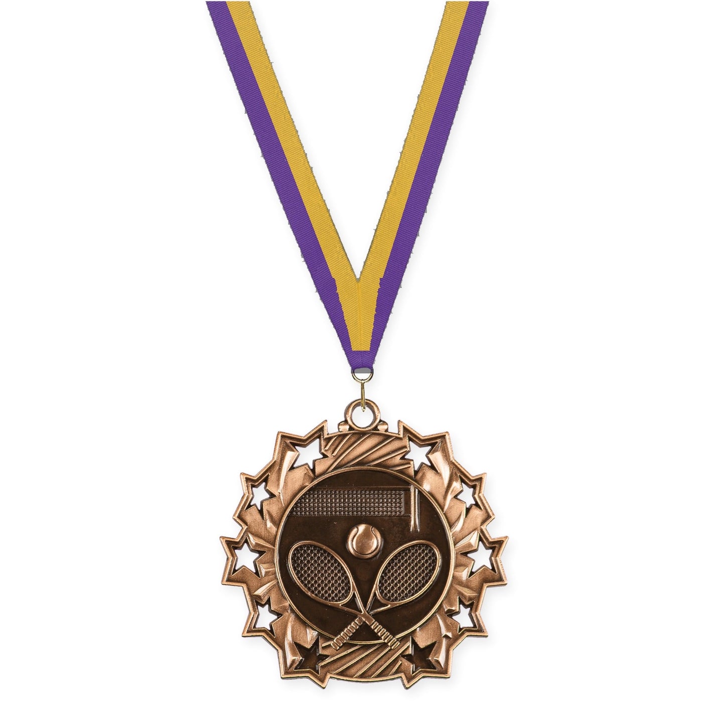 2 1/4 inch tennis Ten Star medal in antique bronze with Purple Gold neck ribbon