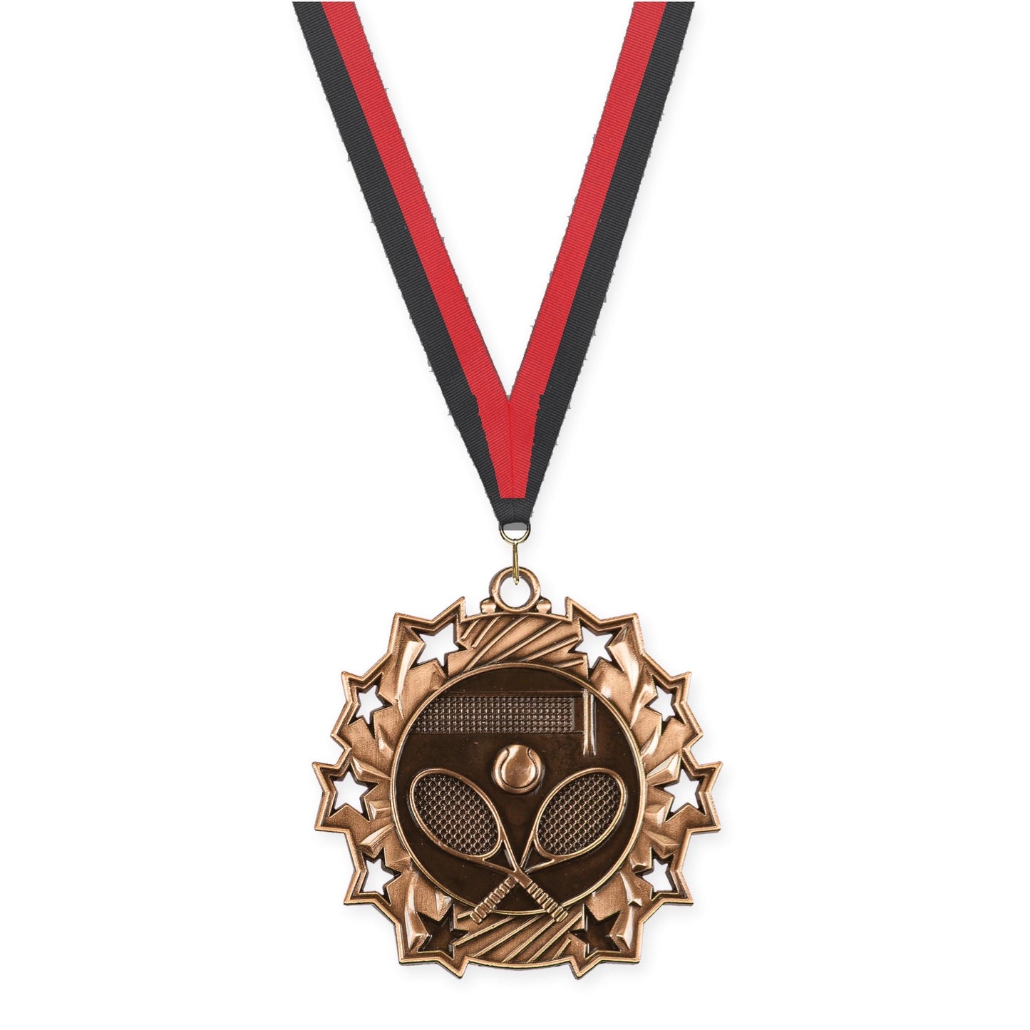 2 1/4 inch tennis Ten Star medal in antique bronze with Black Red neck ribbon