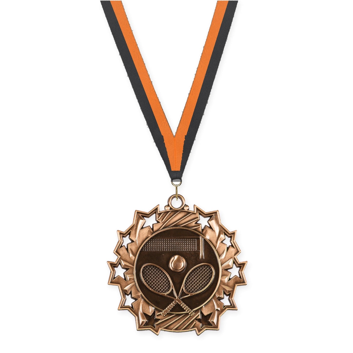 2 1/4 inch tennis Ten Star medal in antique bronze with Black Orange neck ribbon
