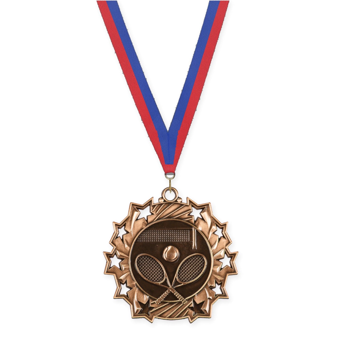 2 1/4 inch tennis Ten Star medal in antique bronze with Blue Red neck ribbon