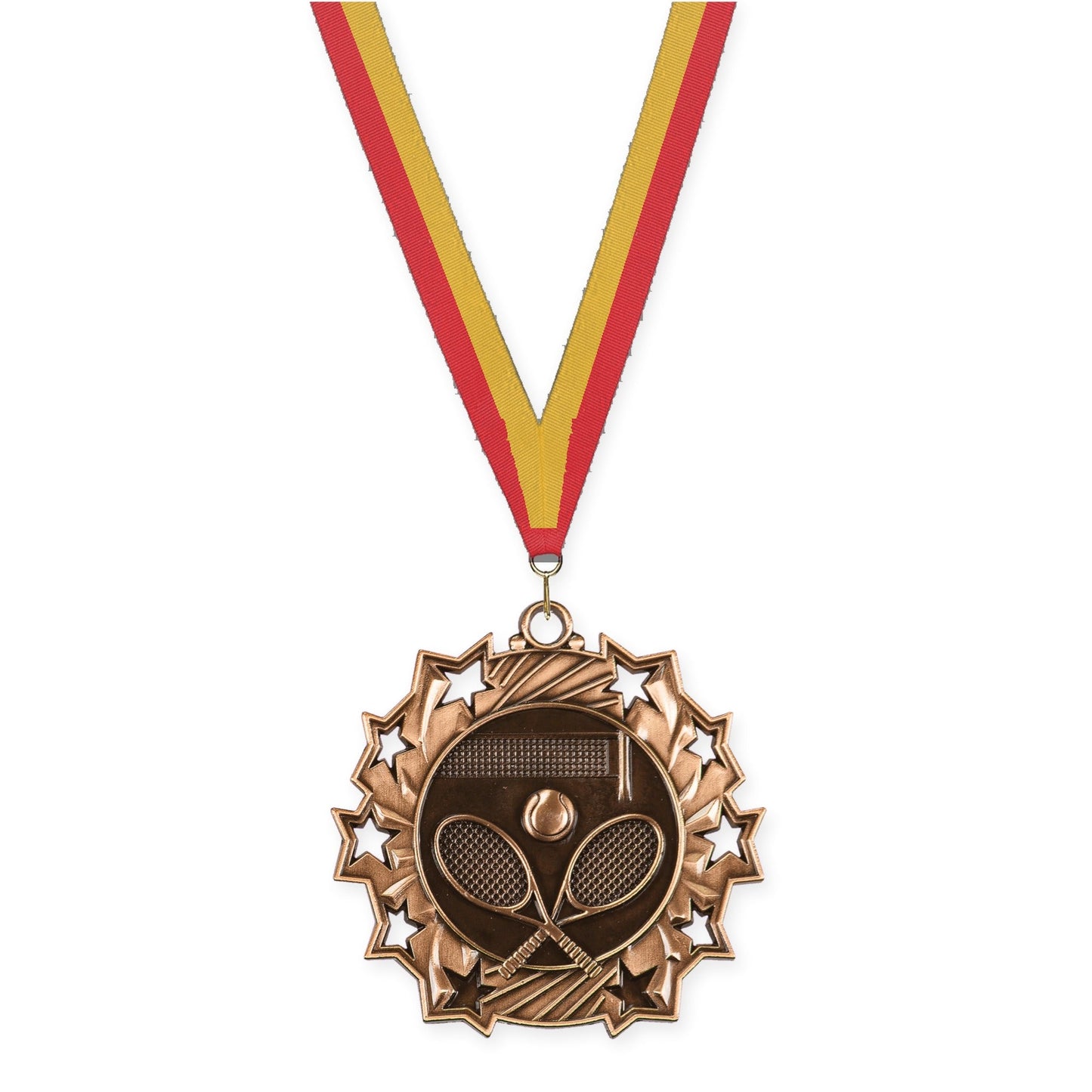 2 1/4 inch tennis Ten Star medal in antique bronze with Red Gold neck ribbon