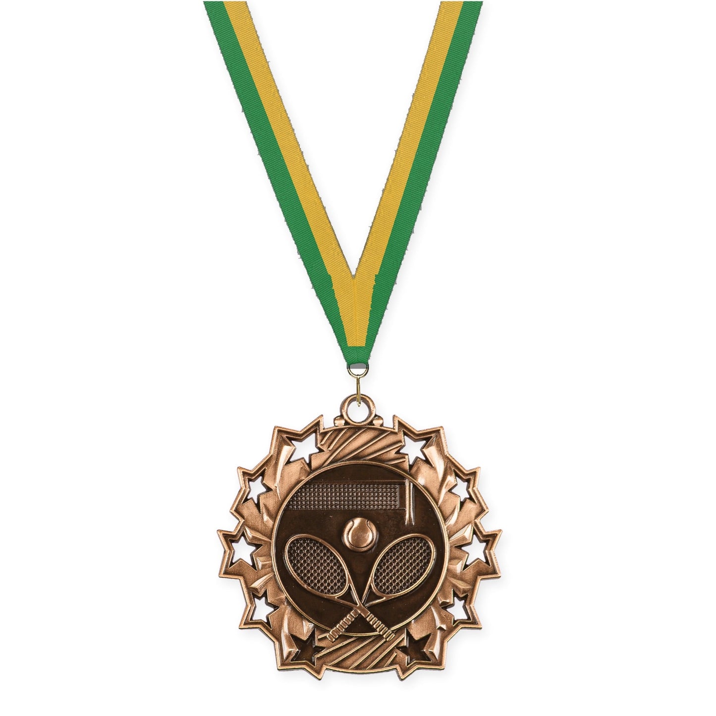 2 1/4 inch tennis Ten Star medal in antique bronze with Green Gold neck ribbon