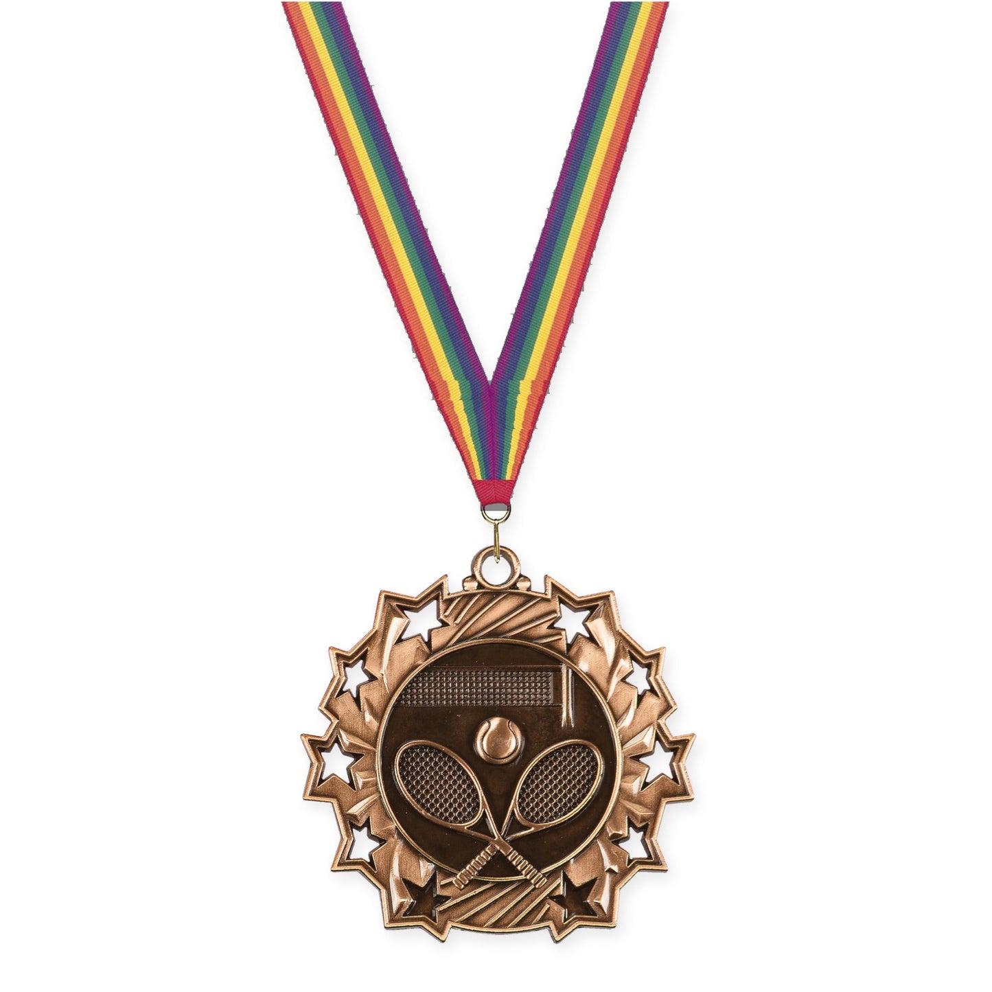 2 1/4 inch tennis Ten Star medal in antique bronze with Rainbow neck ribbon