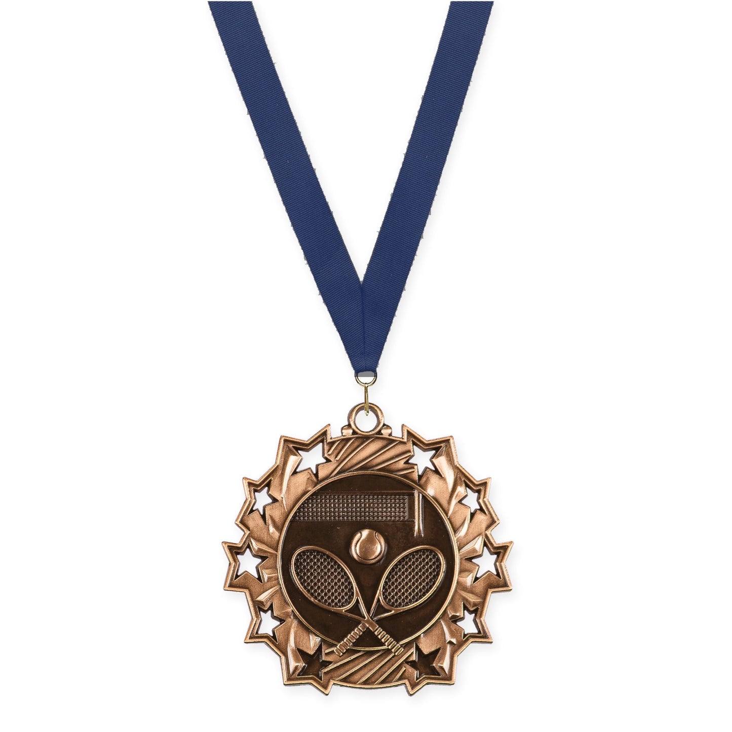 2 1/4 inch tennis Ten Star medal in antique bronze with Navy neck ribbon