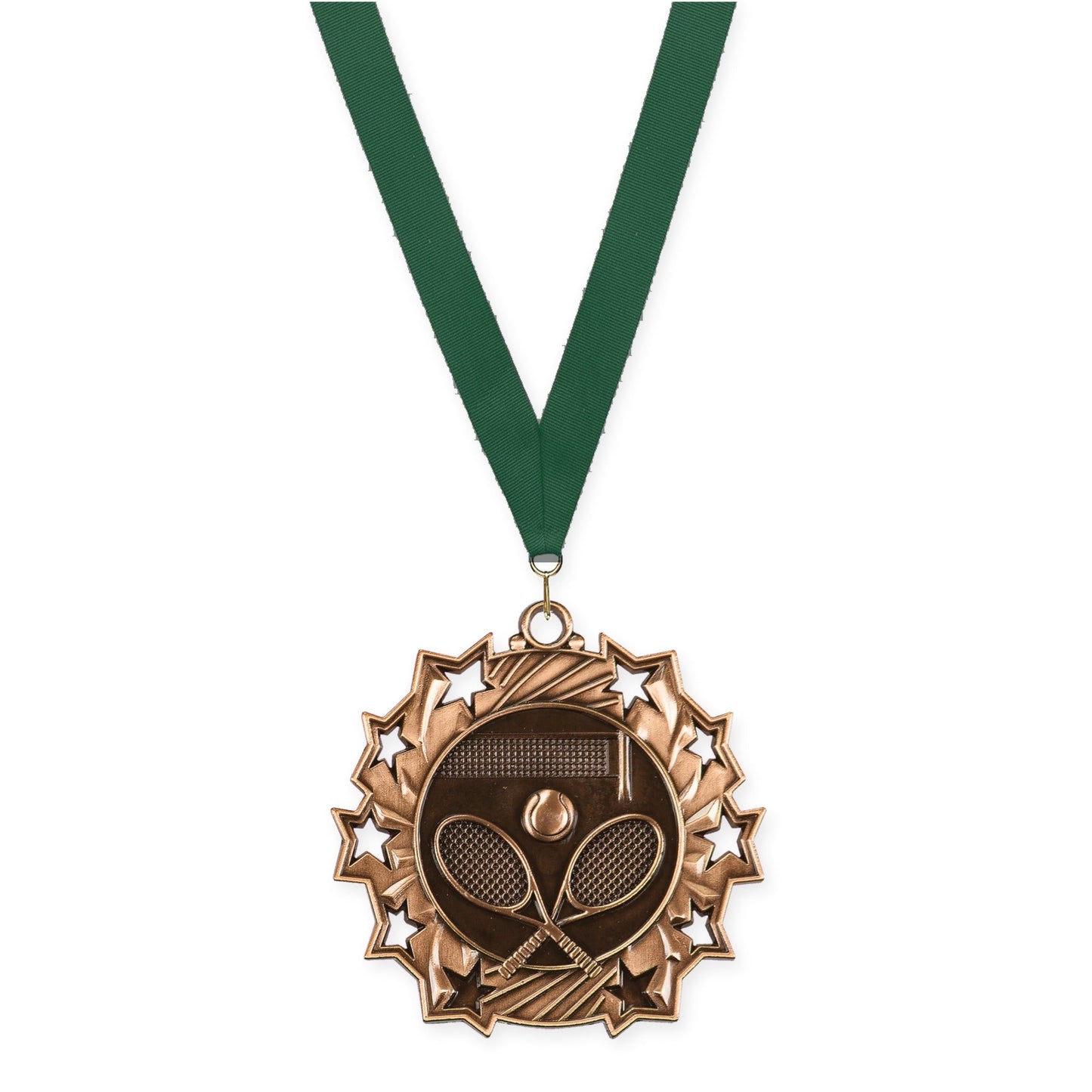 2 1/4 inch tennis Ten Star medal in antique bronze with Hunter Green neck ribbon