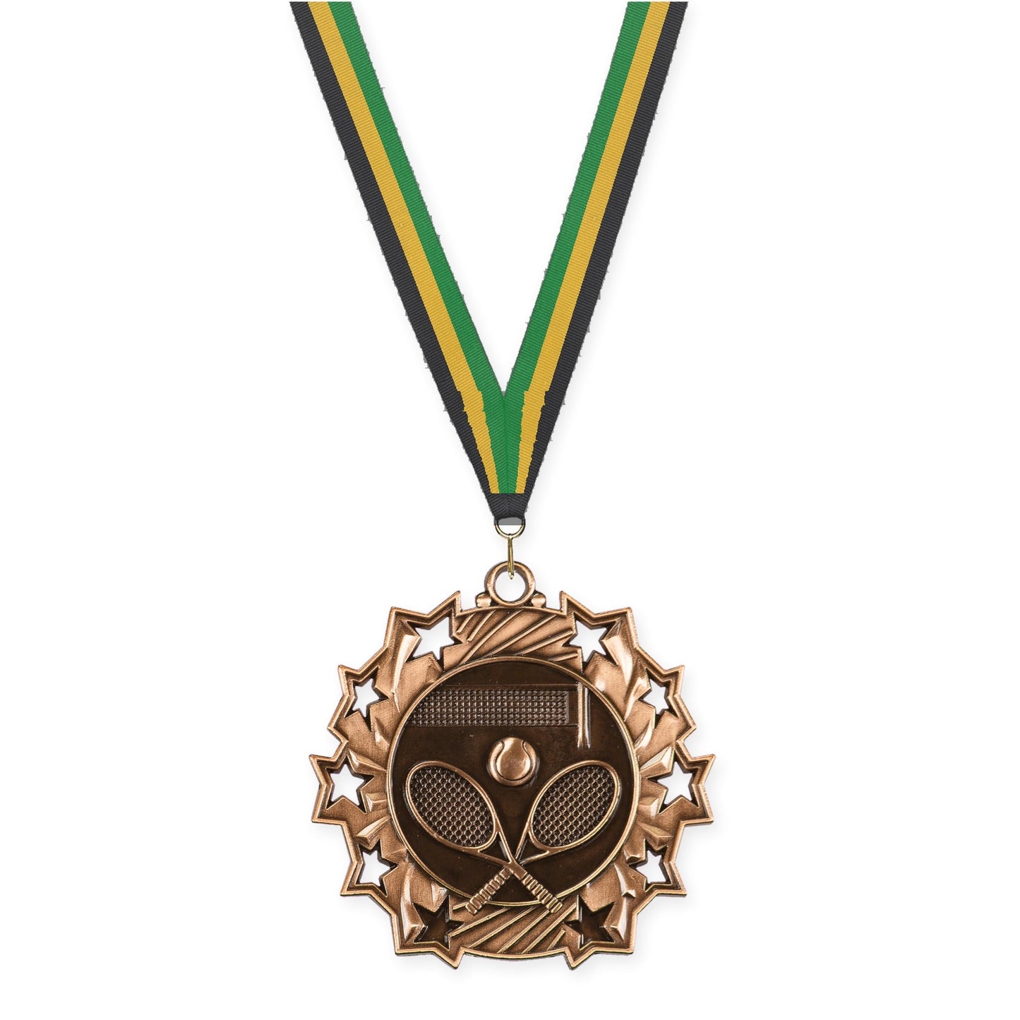 2 1/4 inch tennis Ten Star medal in antique bronze with Black Gold Green neck ribbon