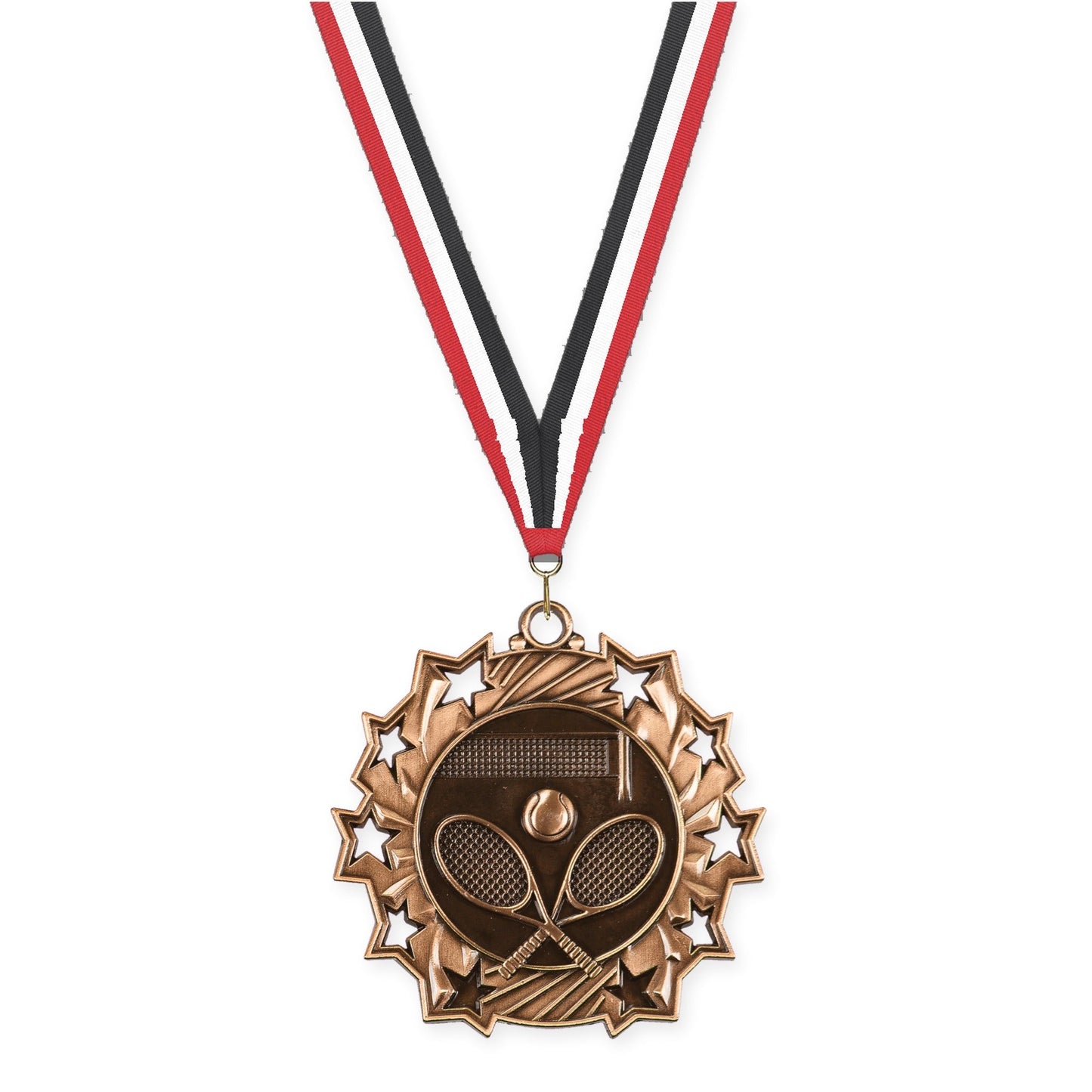 2 1/4 inch tennis Ten Star medal in antique bronze with Red White Black neck ribbon