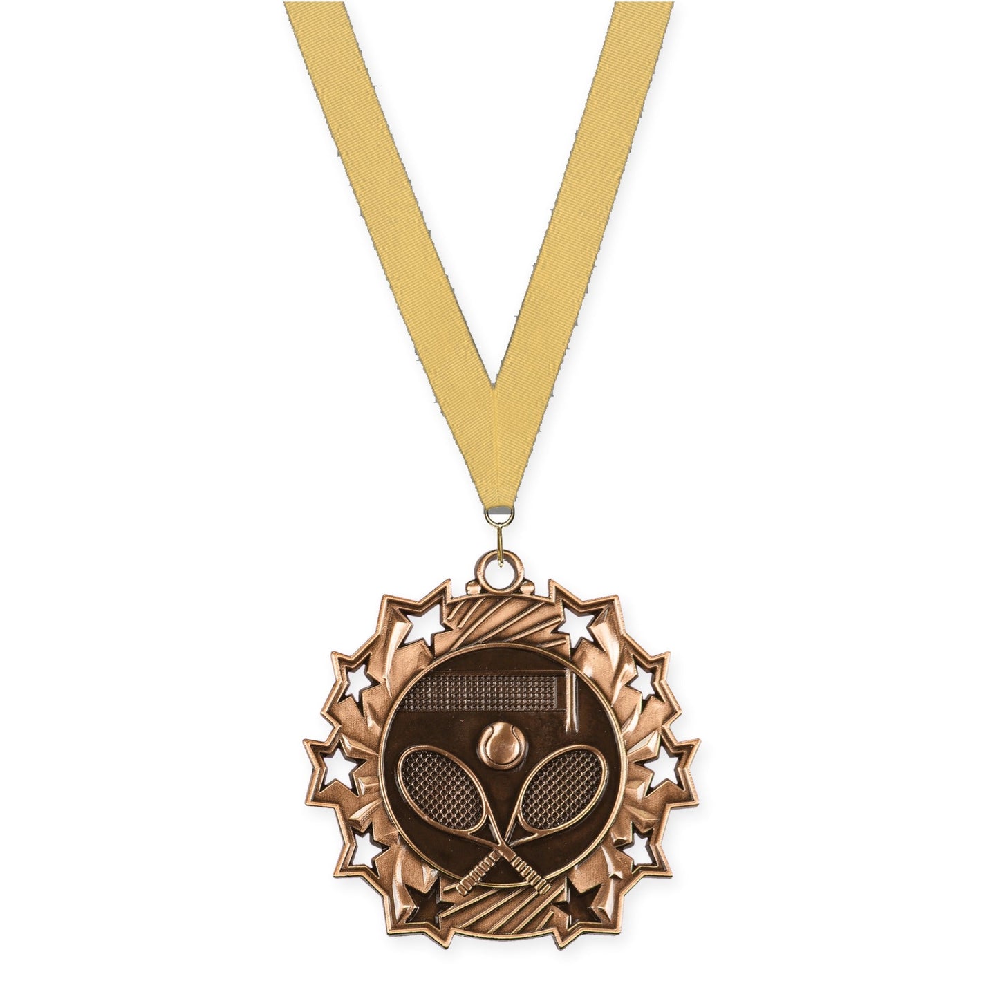 2 1/4 inch tennis Ten Star medal in antique bronze with Gold Metallic neck ribbon
