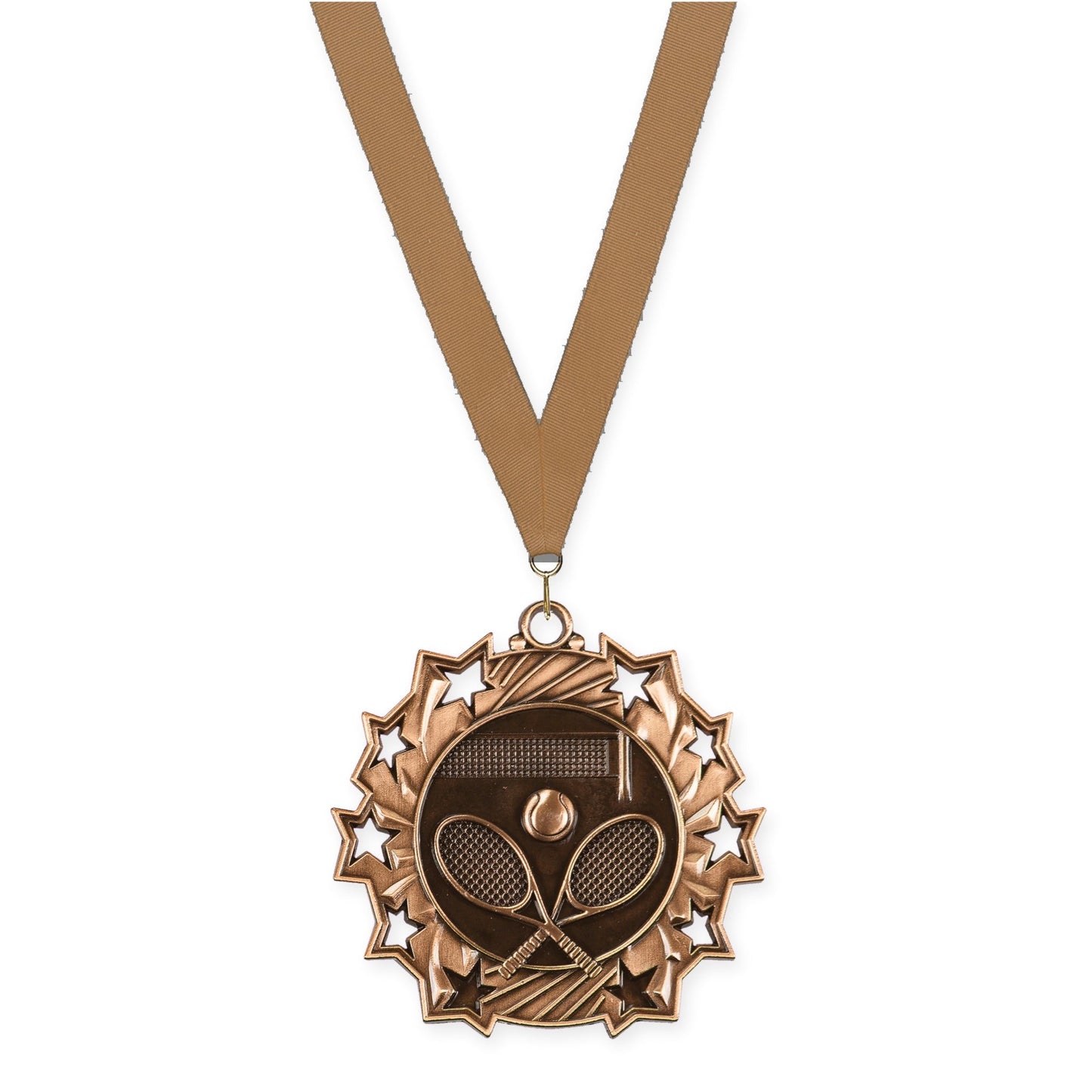 2 1/4 inch tennis Ten Star medal in antique bronze with Bronze Metallic neck ribbon