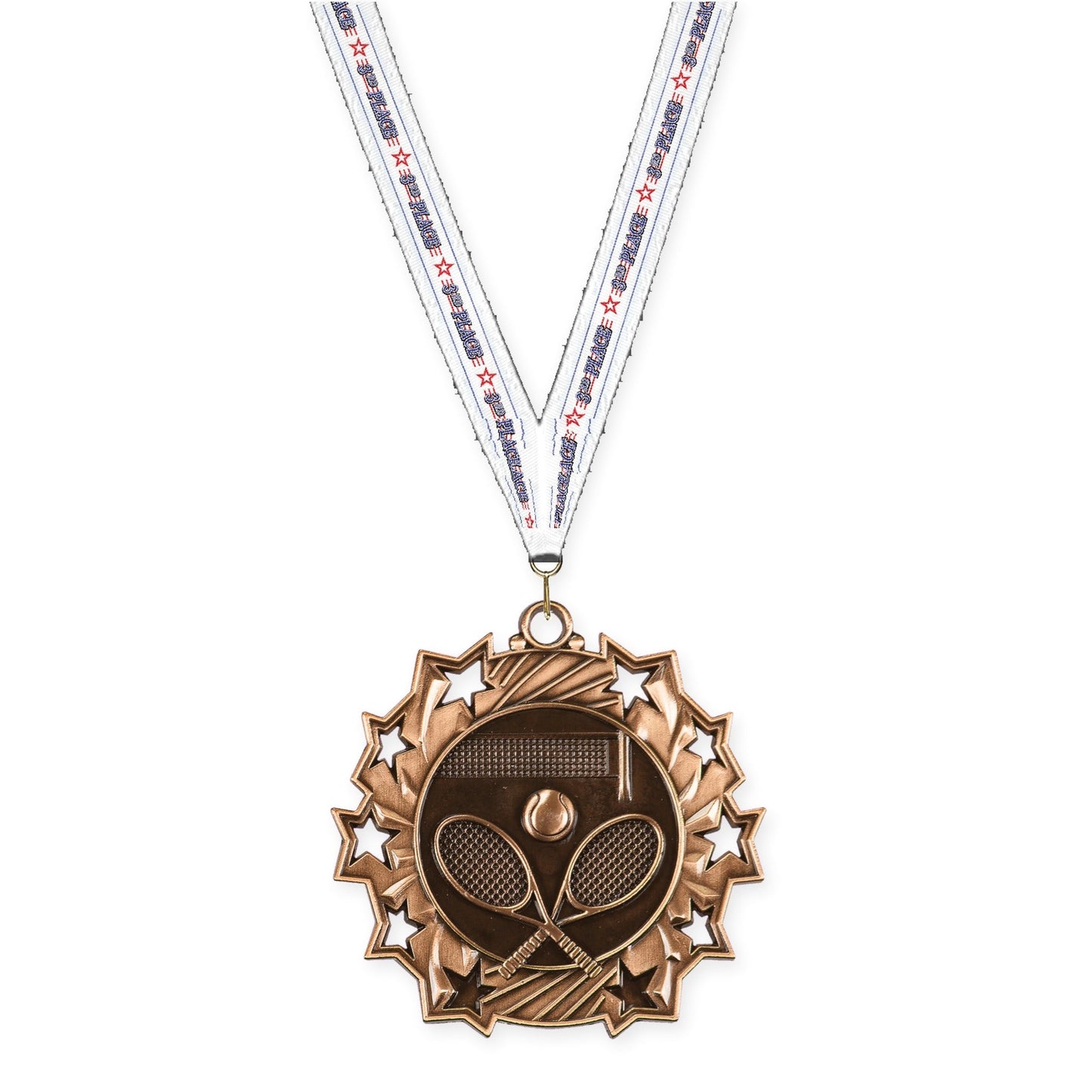 2 1/4 inch tennis Ten Star medal in antique bronze with 3rd Place neck ribbon